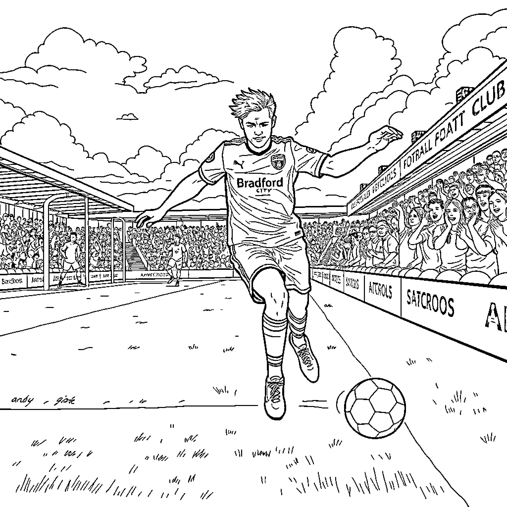 Andy Celebrates Soccer Victory in Stadium Coloring Page (free black-and-white line drawing printable PDF for all, from beginners to advanced learners, including children, teens, adults, and seniors)