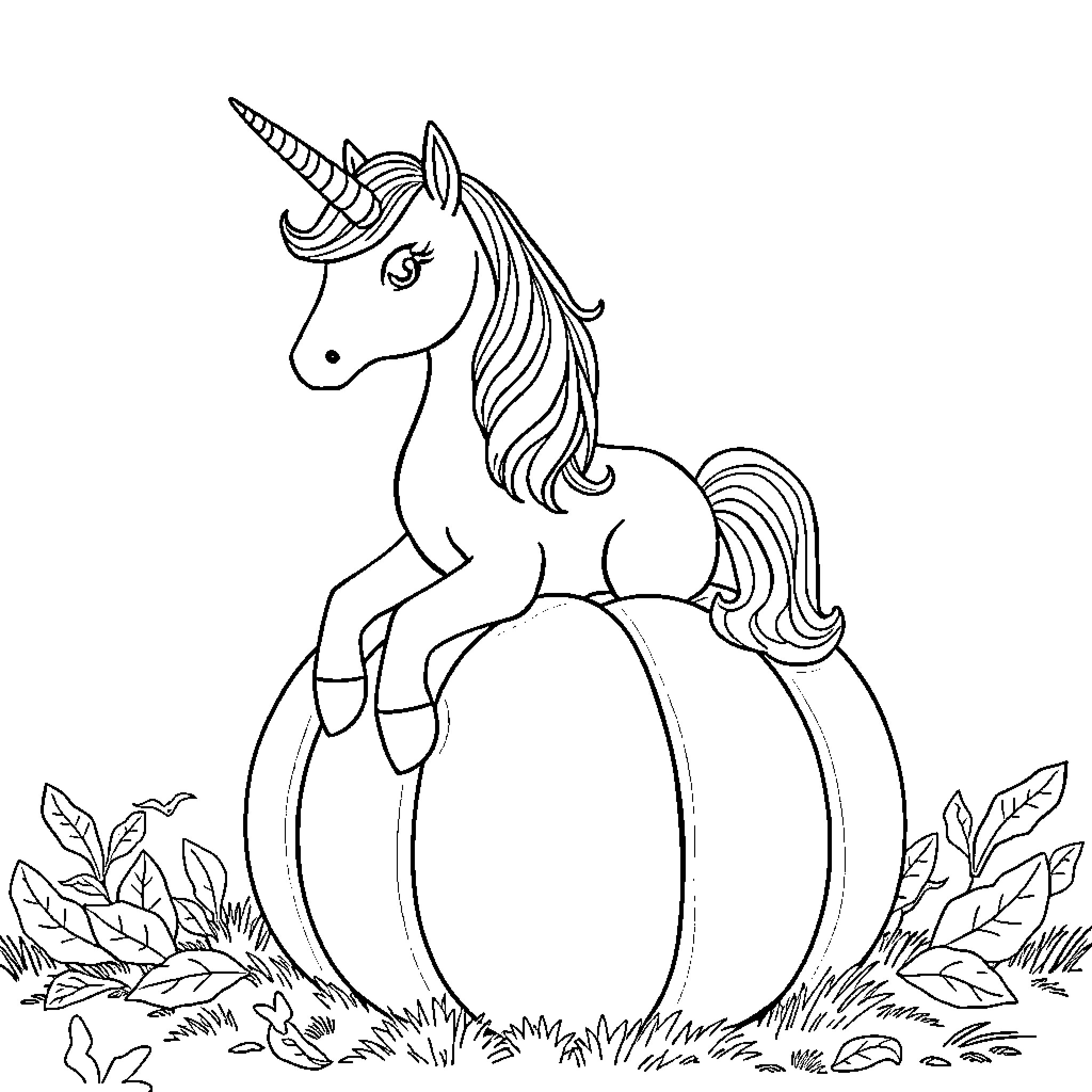Unicorn Standing on Pumpkin in Enchanted Garden Coloring Page (free black-and-white line drawing printable PDF for all, from beginners to advanced learners, including children, teens, adults, and seniors)