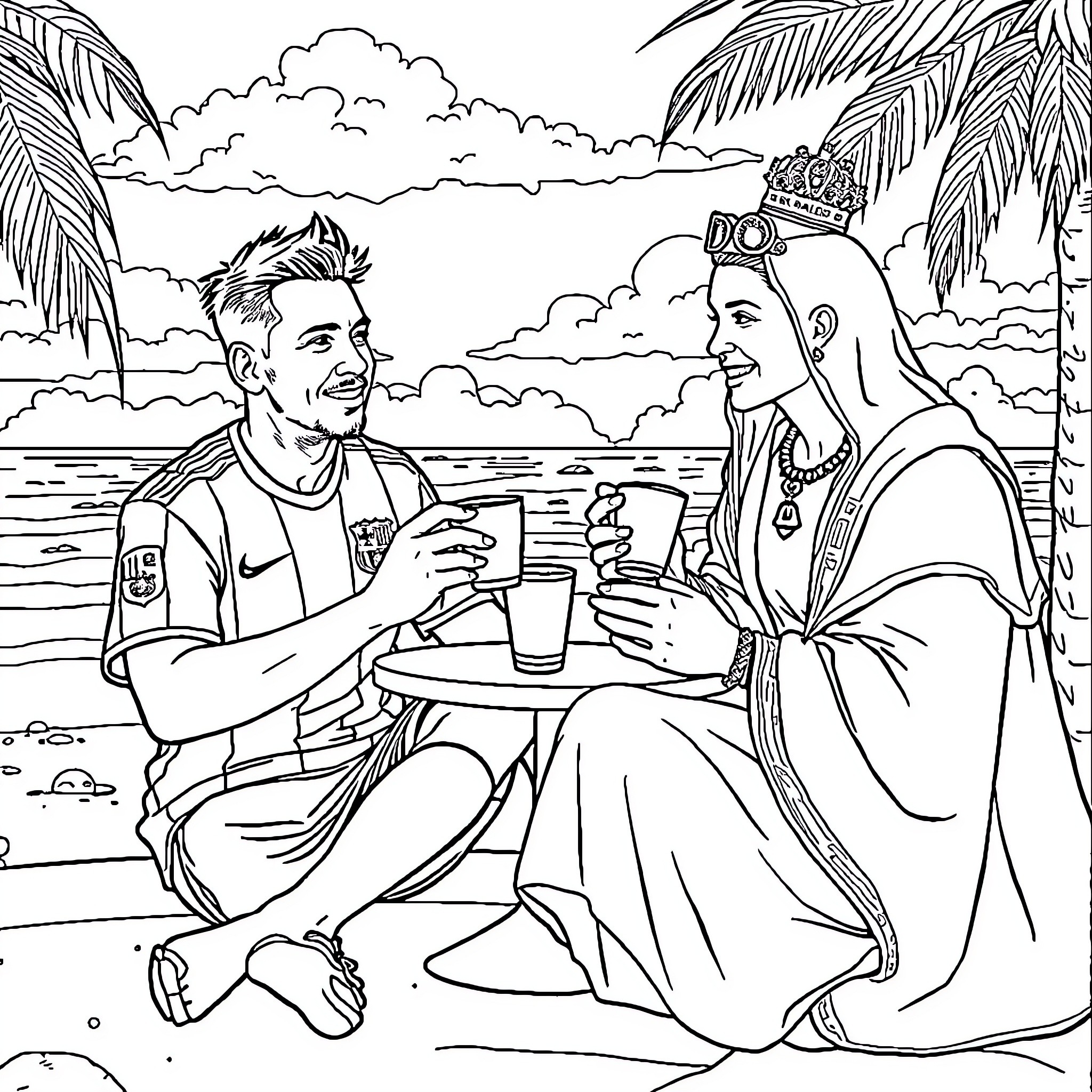 Messi having a casual conversation with a woman on the beach Coloring Page (free black-and-white line drawing printable PDF for all, from beginners to advanced learners, including children, teens, adults, and seniors)