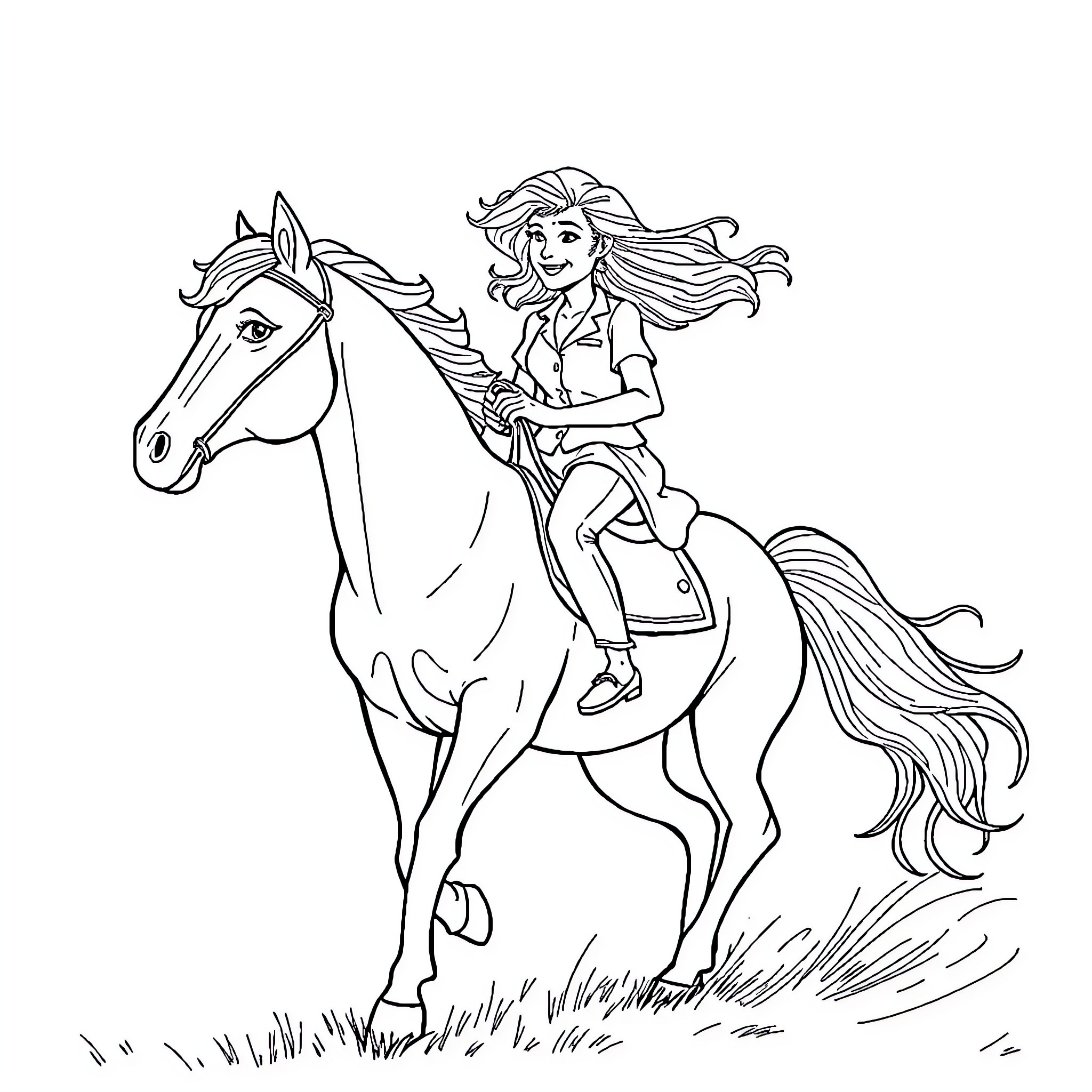 Señor Riding Noble Steed Through Grassy Field Coloring Page (free black-and-white line drawing printable PDF for all, from beginners to advanced learners, including children, teens, adults, and seniors)
