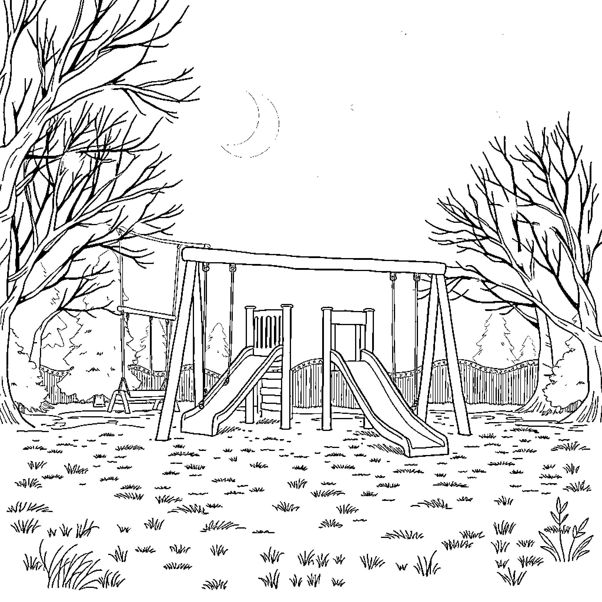 Playground Equipment in the Moonlit Forest Coloring Page (free black-and-white line drawing printable PDF for all, from beginners to advanced learners, including children, teens, adults, and seniors)