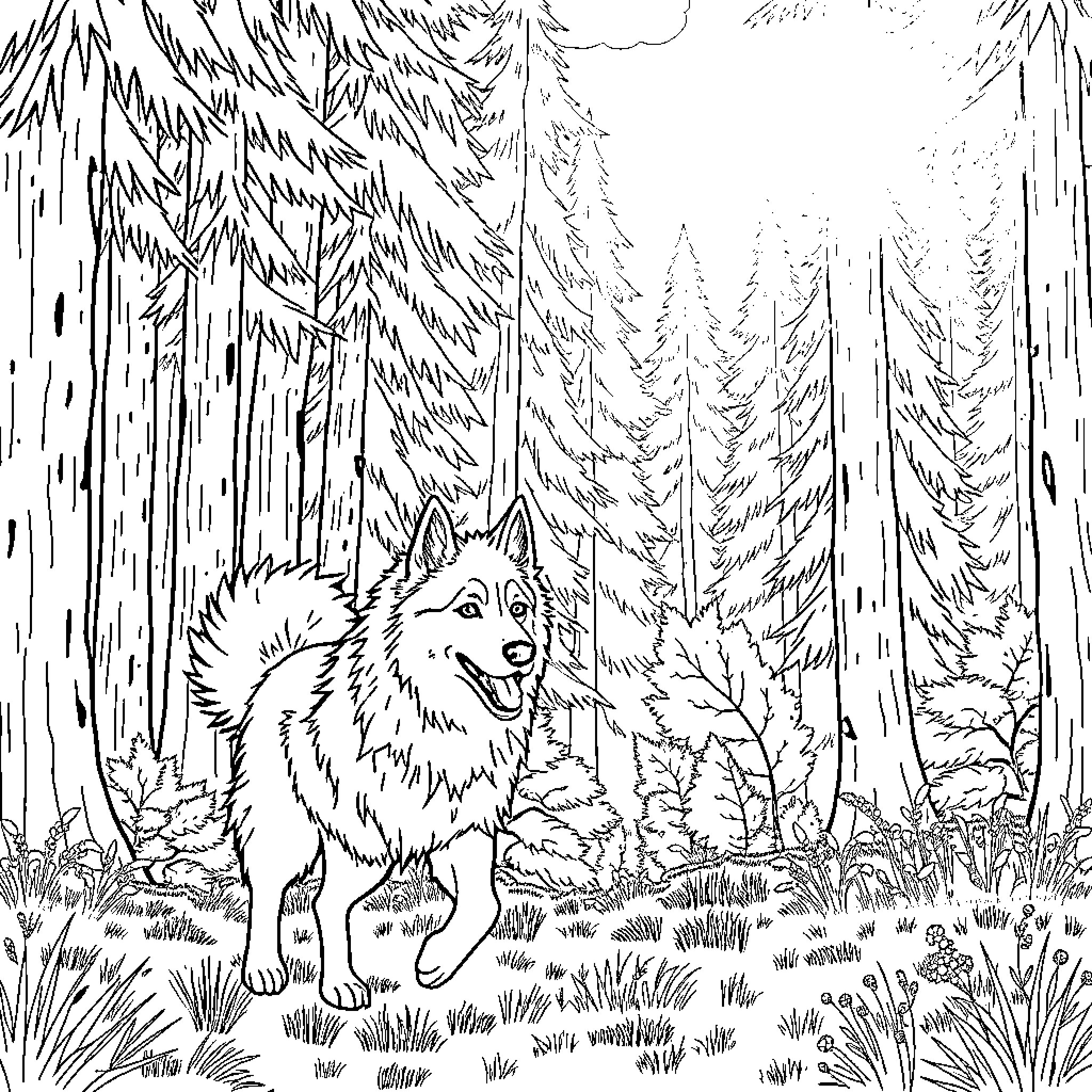 Husky enjoying the tranquil forest scenery Coloring Page (free black-and-white line drawing printable PDF for all, from beginners to advanced learners, including children, teens, adults, and seniors)