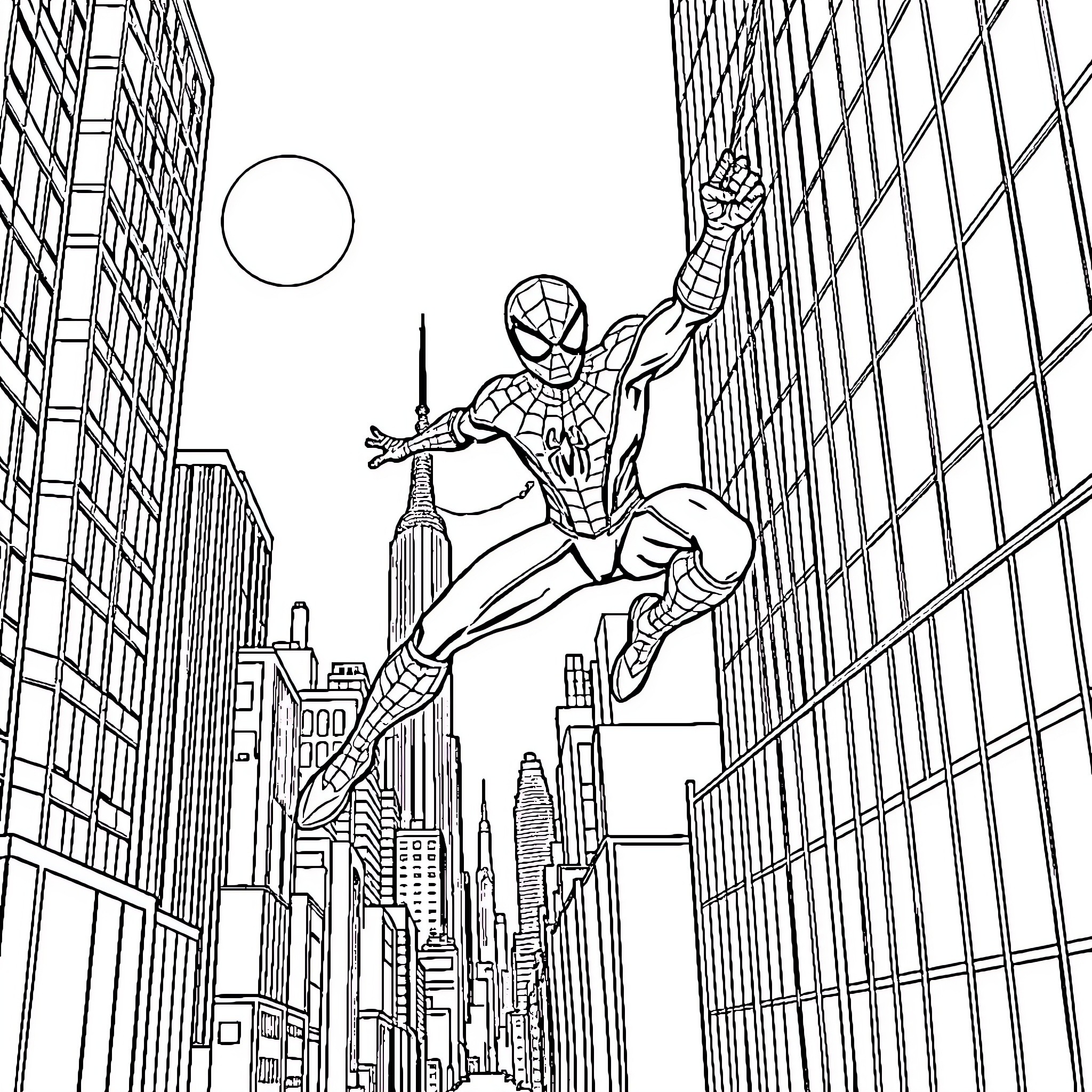 Spiderman swinging through the city skyline Coloring Page (free black-and-white line drawing printable PDF for all, from beginners to advanced learners, including children, teens, adults, and seniors)