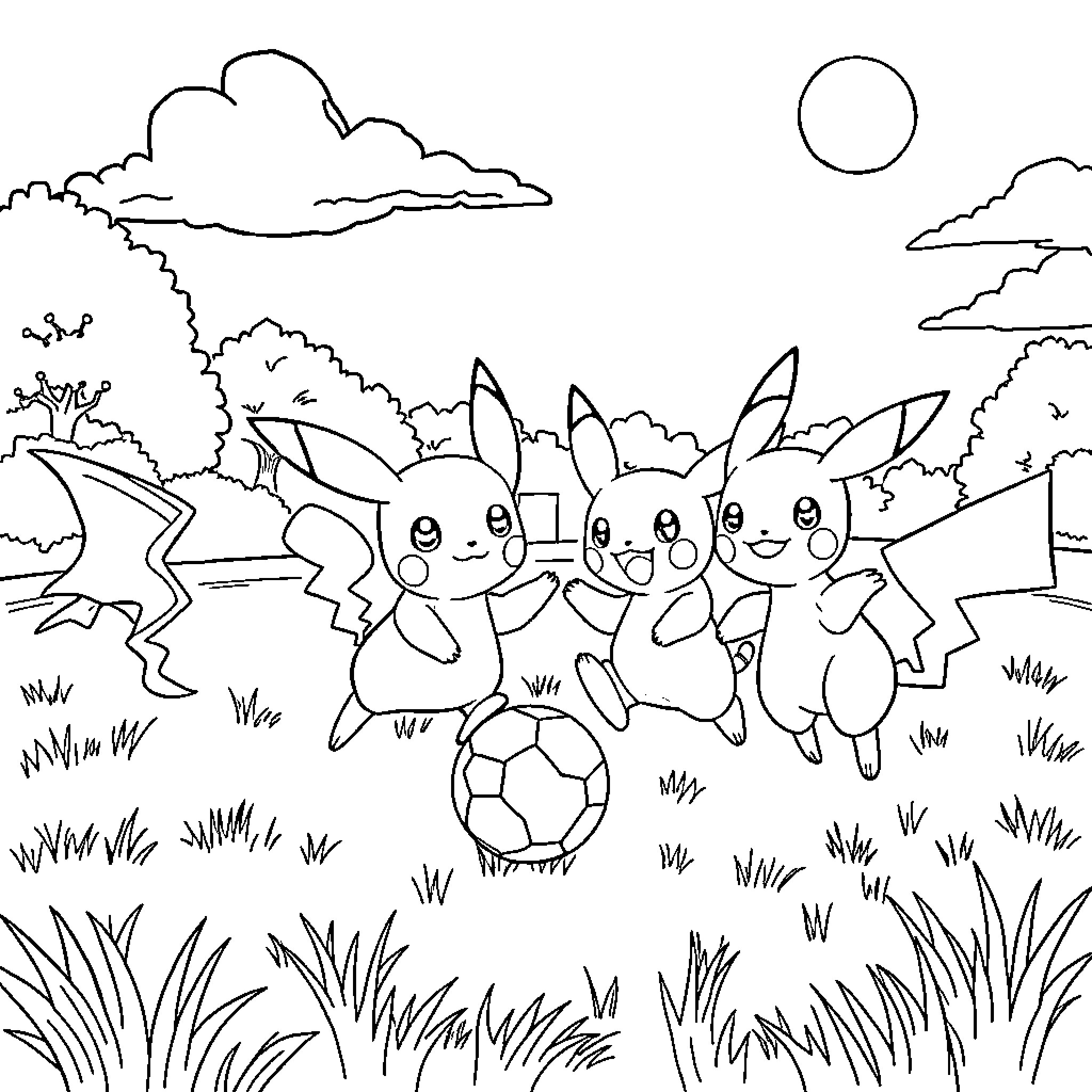 Pokémon Friends Playing in a Scenic Outdoor Setting Coloring Page (free black-and-white line drawing printable PDF for all, from beginners to advanced learners, including children, teens, adults, and seniors)