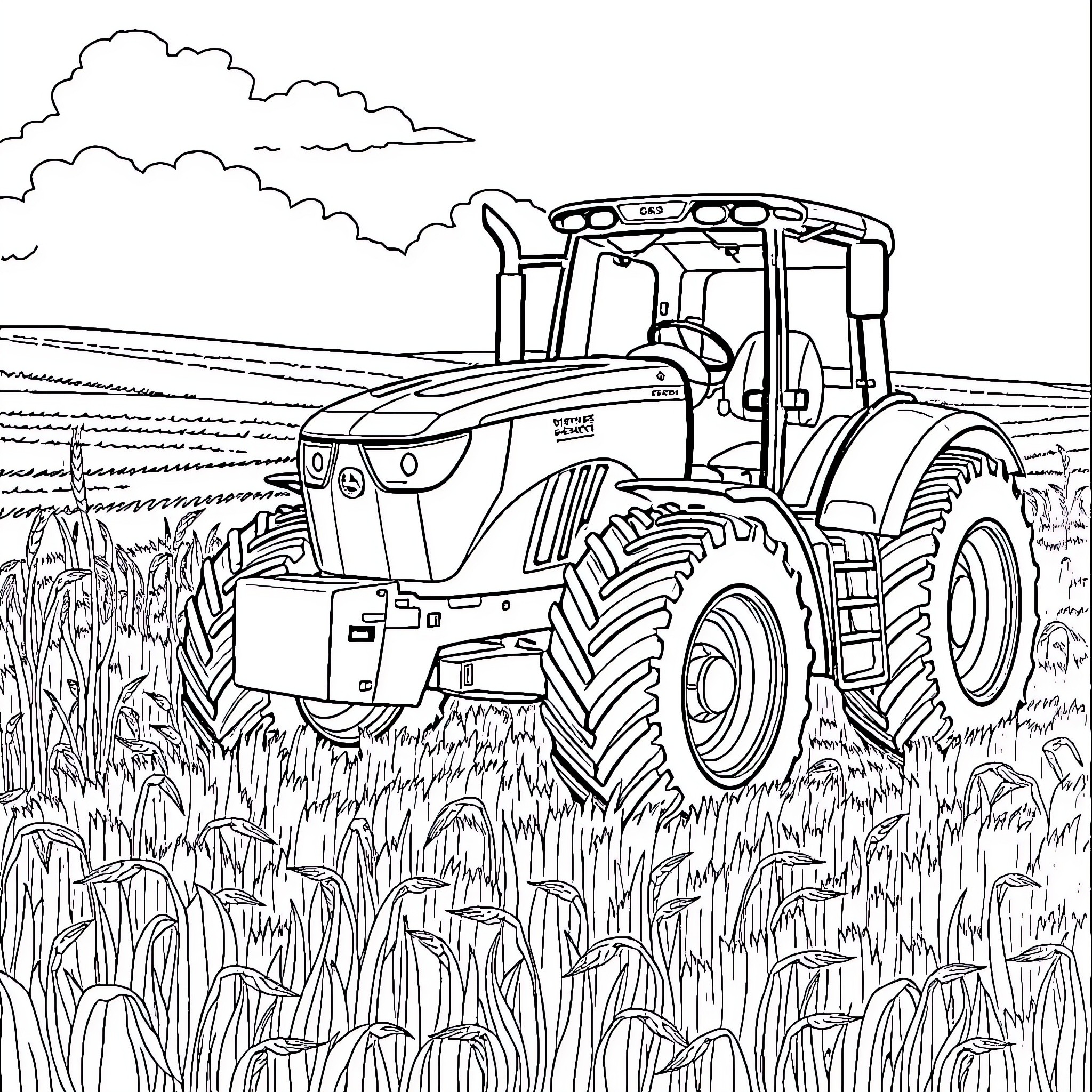 Tractor working in the field Coloring Page (free black-and-white line drawing printable PDF for all, from beginners to advanced learners, including children, teens, adults, and seniors)