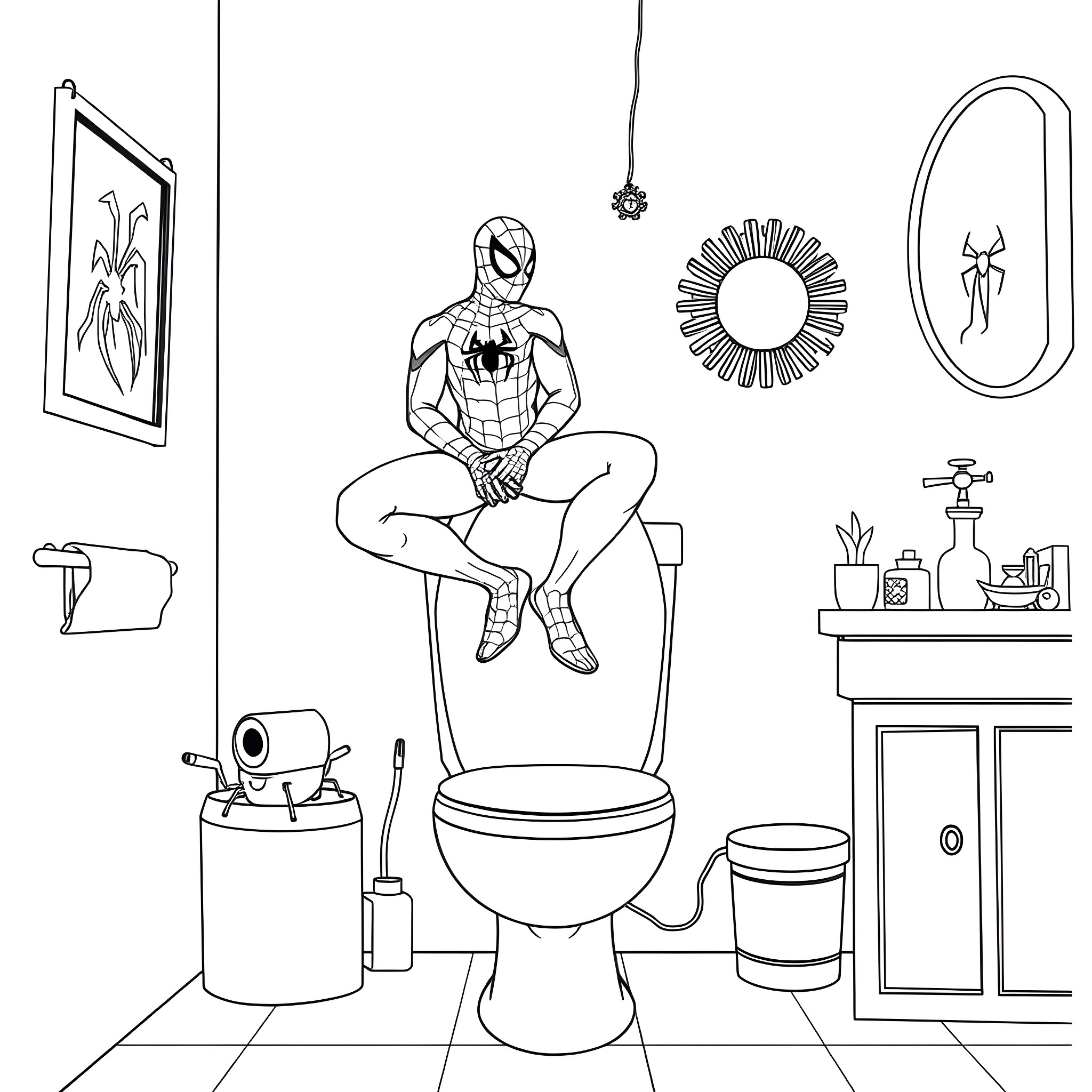 Spiderman relaxing in the bathroom Coloring Page (free black-and-white line drawing printable PDF for all, from beginners to advanced learners, including children, teens, adults, and seniors)
