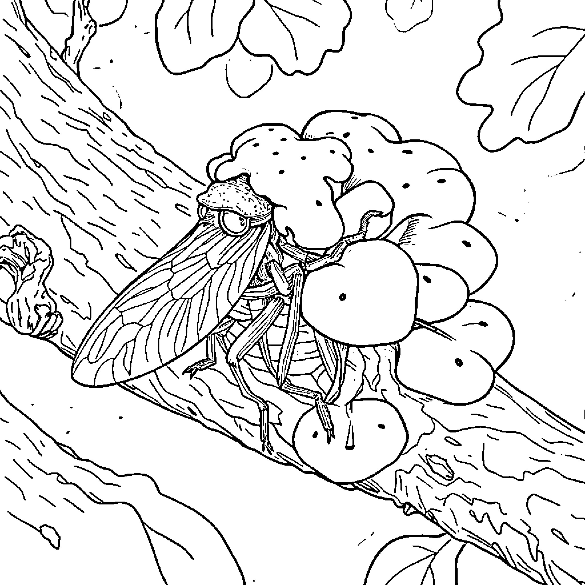 Cicada resting among nature's details Coloring Page (free black-and-white line drawing printable PDF for all, from beginners to advanced learners, including children, teens, adults, and seniors)