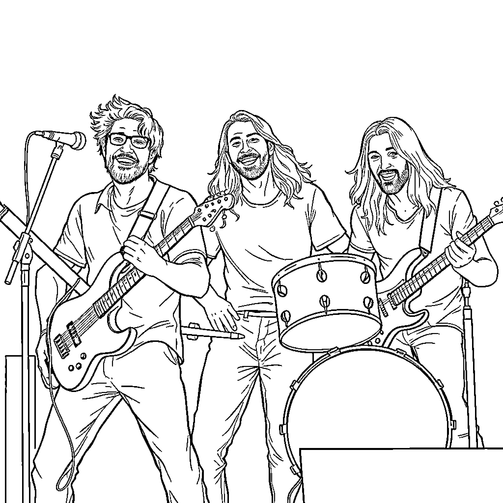 Band members performing on stage with musical instruments Coloring Page (free black-and-white line drawing printable PDF for all, from beginners to advanced learners, including children, teens, adults, and seniors)