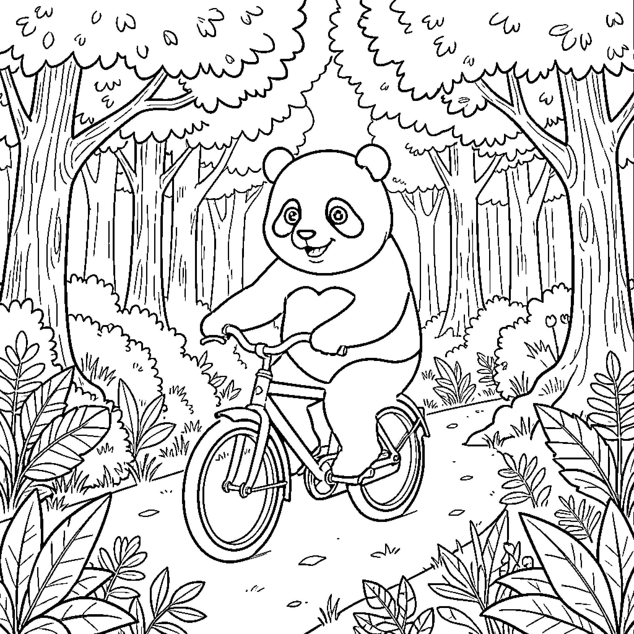 Panda riding a bicycle through a lush forest Coloring Page (free black-and-white line drawing printable PDF for all, from beginners to advanced learners, including children, teens, adults, and seniors)