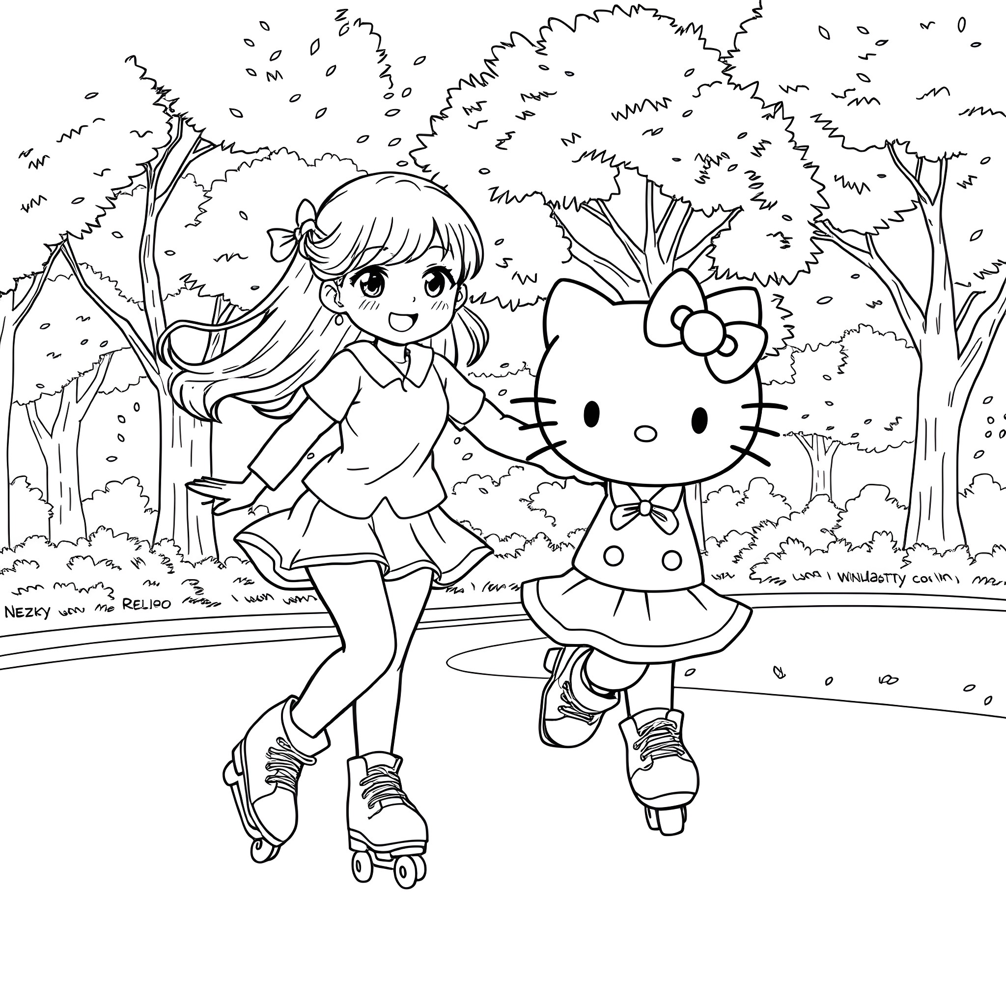 Nezuko roller skating with Hello Kitty in the park Coloring Page (free black-and-white line drawing printable PDF for all, from beginners to advanced learners, including children, teens, adults, and seniors)