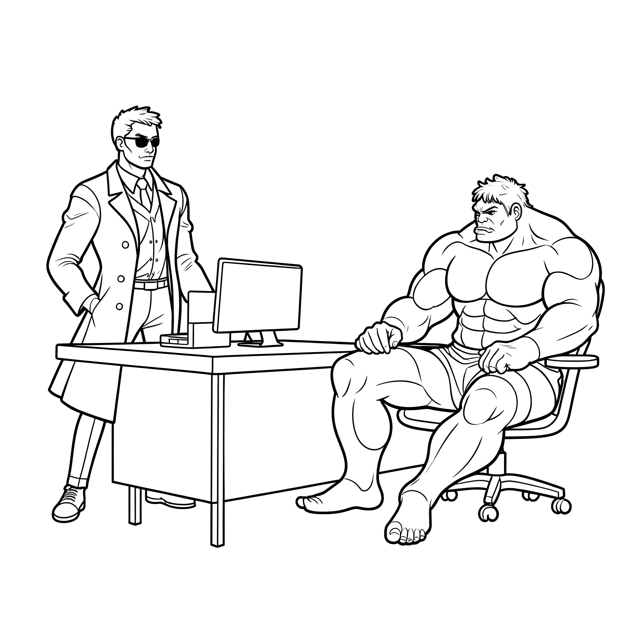 Iron Man meets with a muscular superhero at the office Coloring Page (free black-and-white line drawing printable PDF for all, from beginners to advanced learners, including children, teens, adults, and seniors)