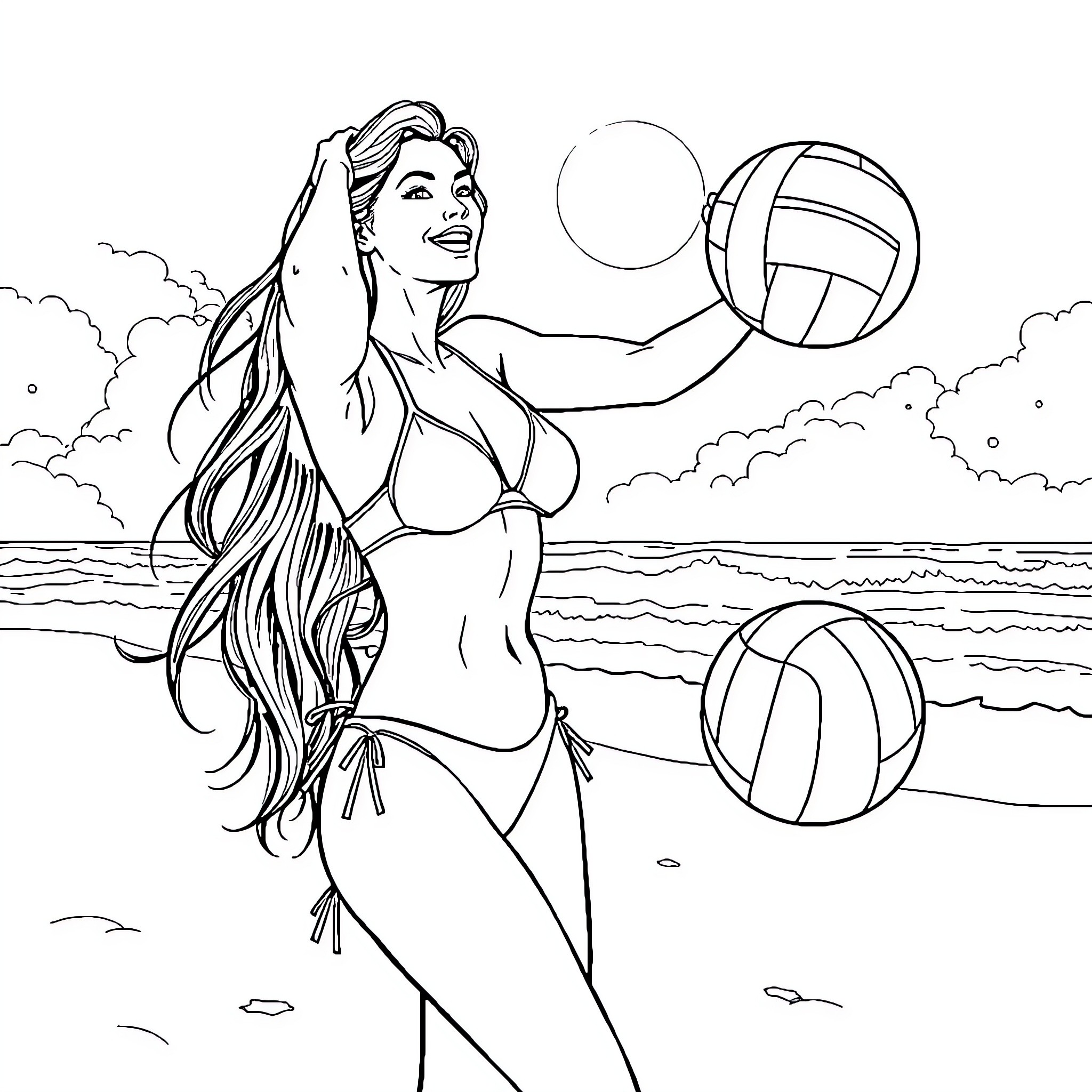 Woman playing volleyball on the beach Coloring Page (free black-and-white line drawing printable PDF for all, from beginners to advanced learners, including children, teens, adults, and seniors)