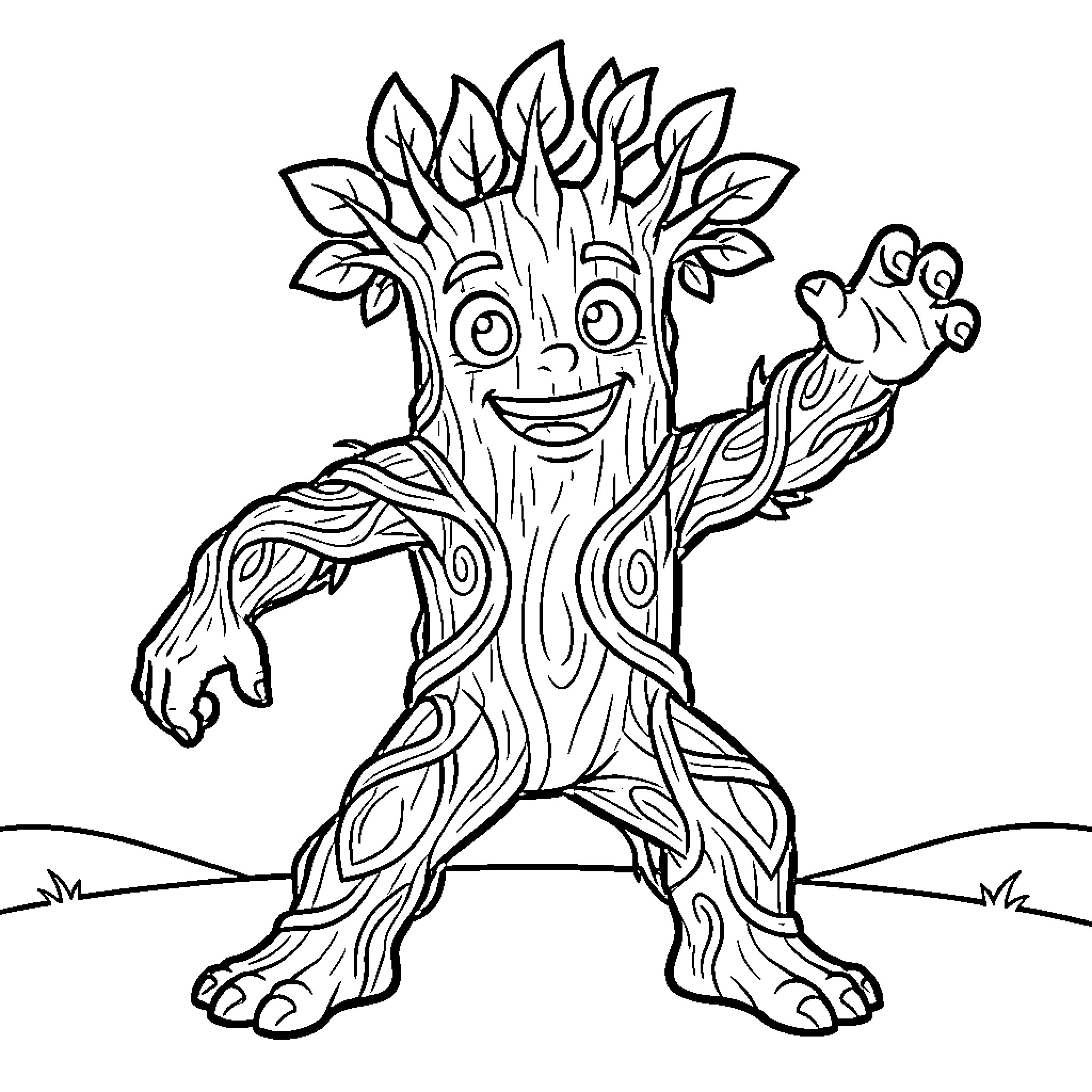 Tree Monster Waving and Smiling Happily Coloring Page (free black-and-white line drawing printable PDF for all, from beginners to advanced learners, including children, teens, adults, and seniors)