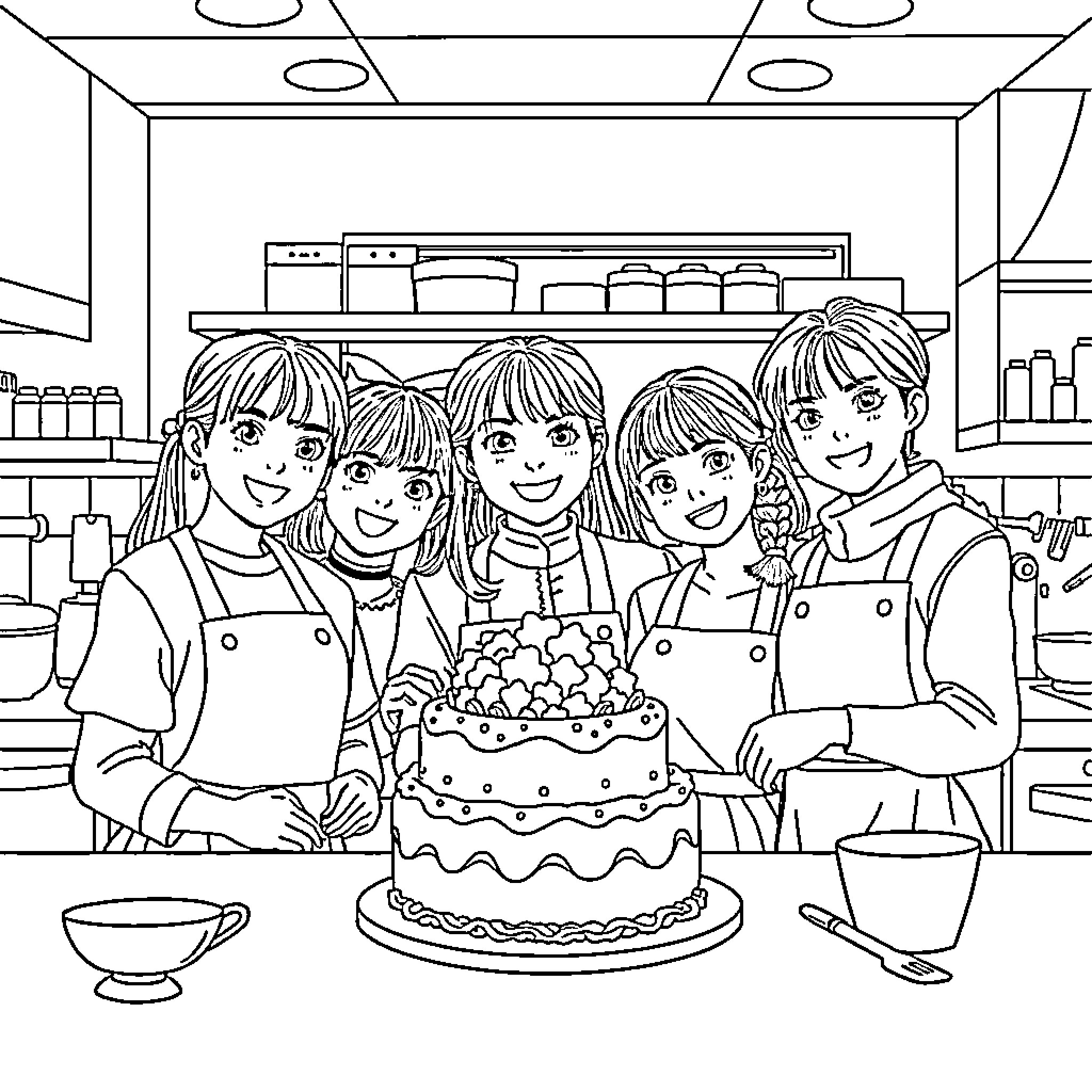 Kpop Idols Celebrating with Cake in the Kitchen Coloring Page (free black-and-white line drawing printable PDF for all, from beginners to advanced learners, including children, teens, adults, and seniors)