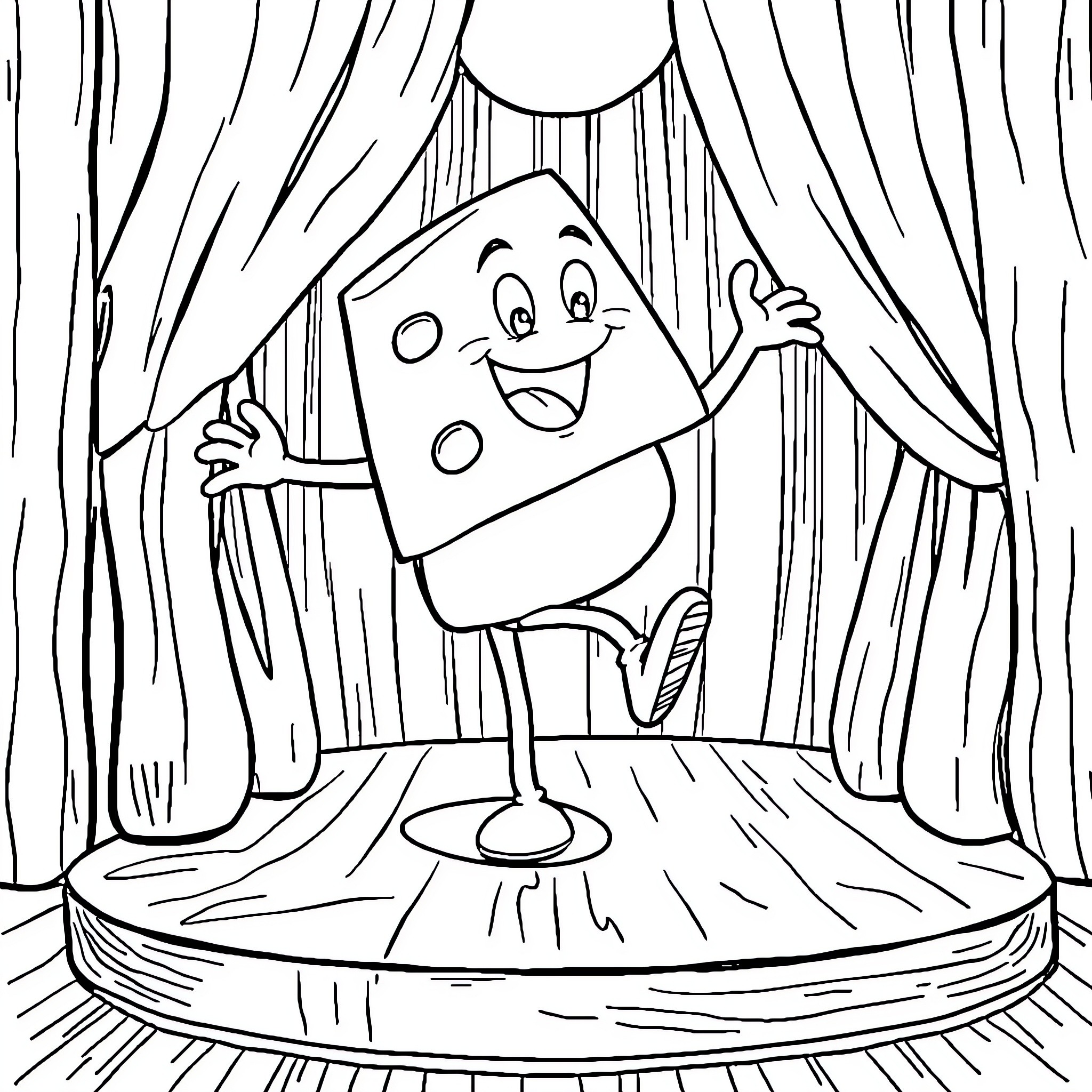 Cheese on Stage Performing in the Spotlight Coloring Page (free black-and-white line drawing printable PDF for all, from beginners to advanced learners, including children, teens, adults, and seniors)