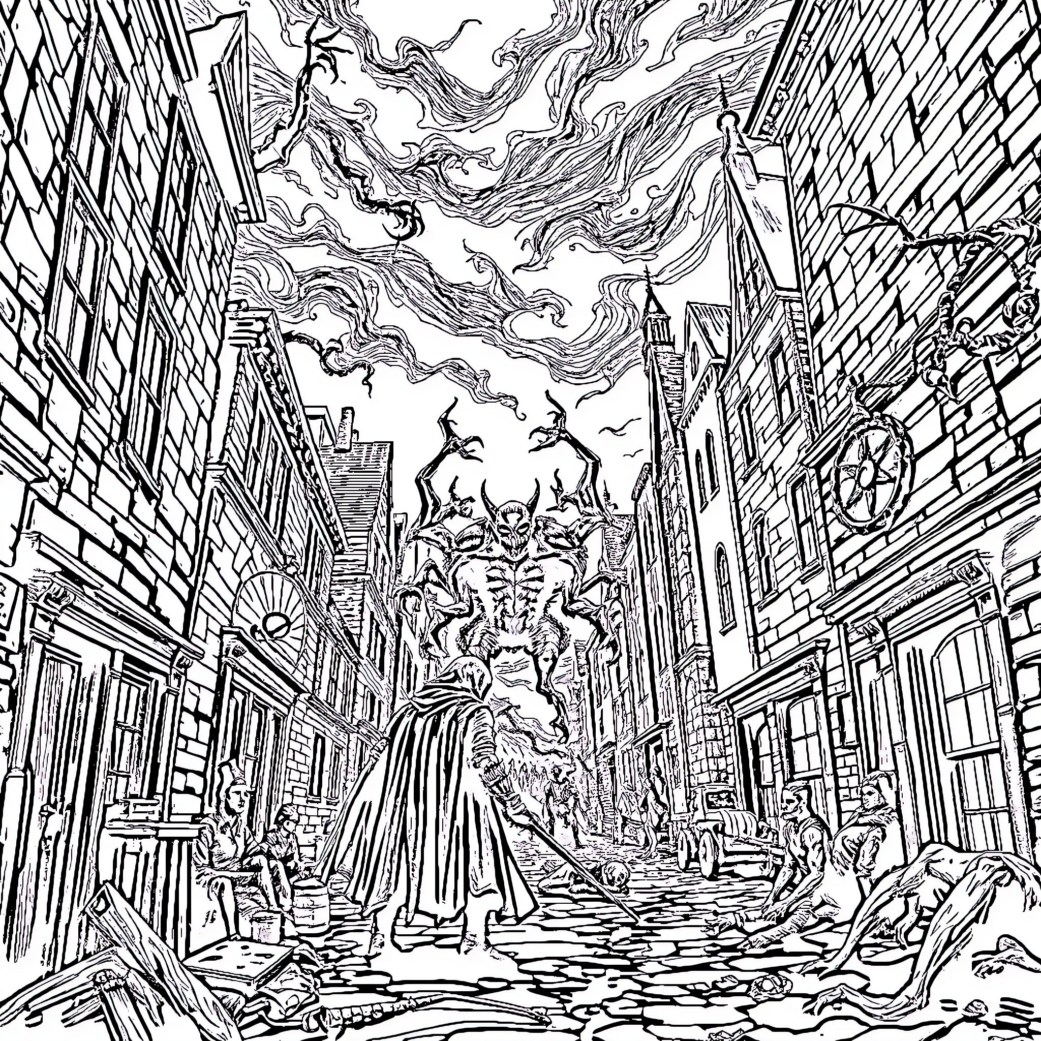 Bloodborne: Nightmarish Creatures Haunt the Twisted City Coloring Page (free black-and-white line drawing printable PDF for all, from beginners to advanced learners, including children, teens, adults, and seniors)