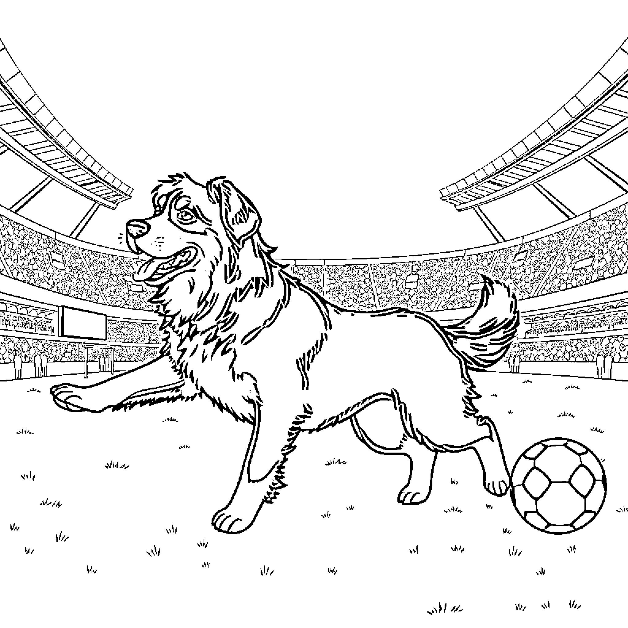 Bernese Mountain Dog playing with soccer ball in stadium Coloring Page (free black-and-white line drawing printable PDF for all, from beginners to advanced learners, including children, teens, adults, and seniors)