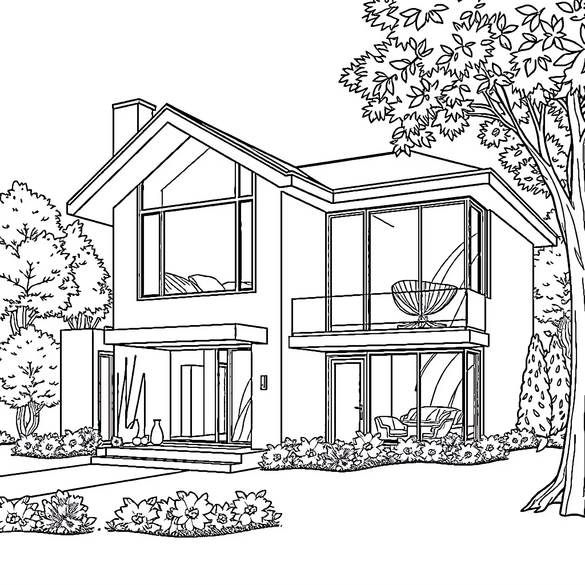House with modern architecture surrounded by nature Coloring Page (free black-and-white line drawing printable PDF for all, from beginners to advanced learners, including children, teens, adults, and seniors)