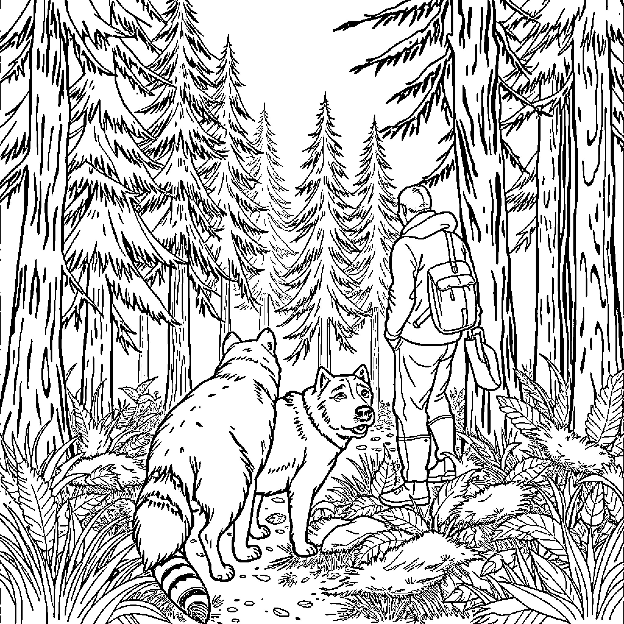 Man exploring the wilderness with his pet dog Coloring Page (free black-and-white line drawing printable PDF for all, from beginners to advanced learners, including children, teens, adults, and seniors)