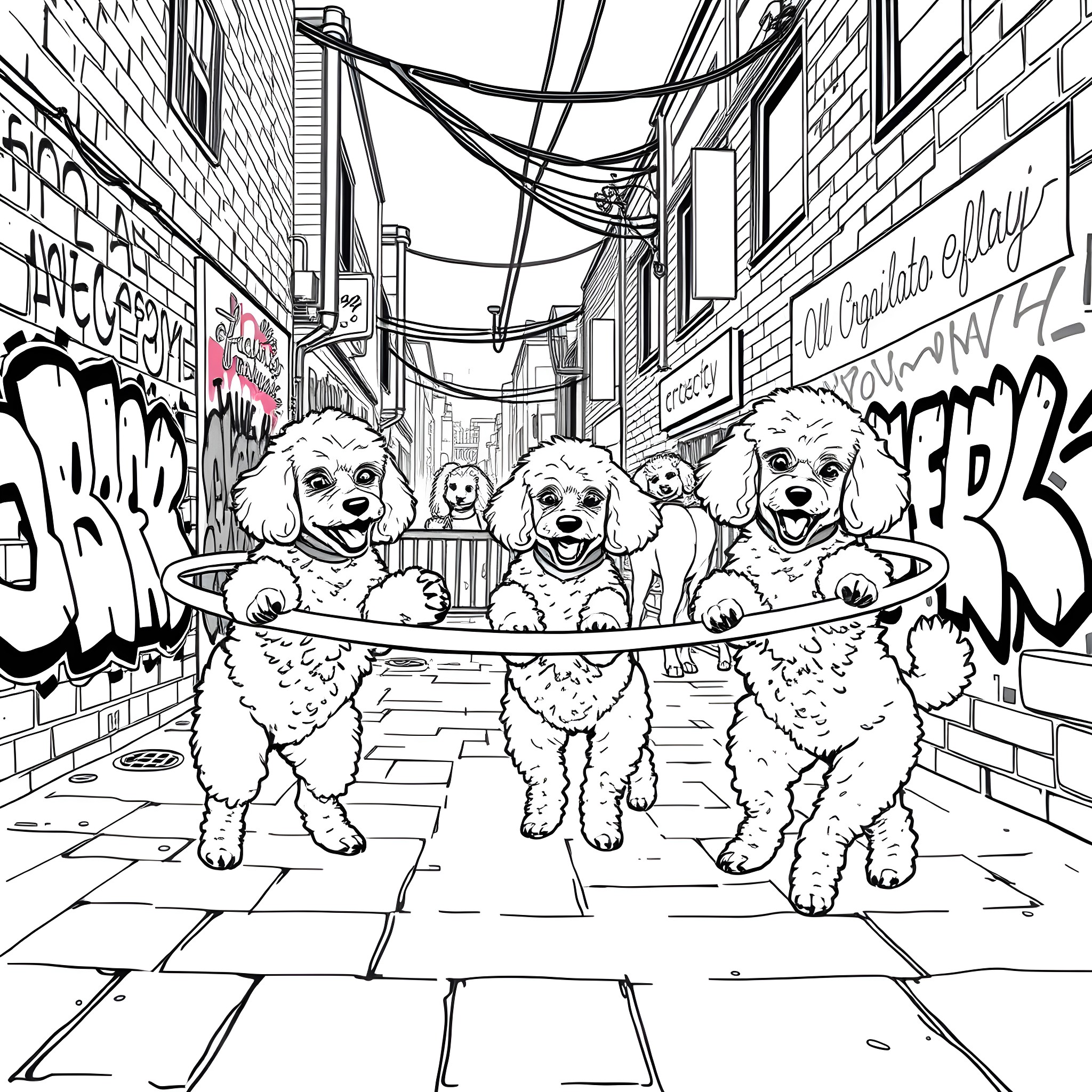 Poodle pups playing in the city alley Coloring Page (free black-and-white line drawing printable PDF for all, from beginners to advanced learners, including children, teens, adults, and seniors)