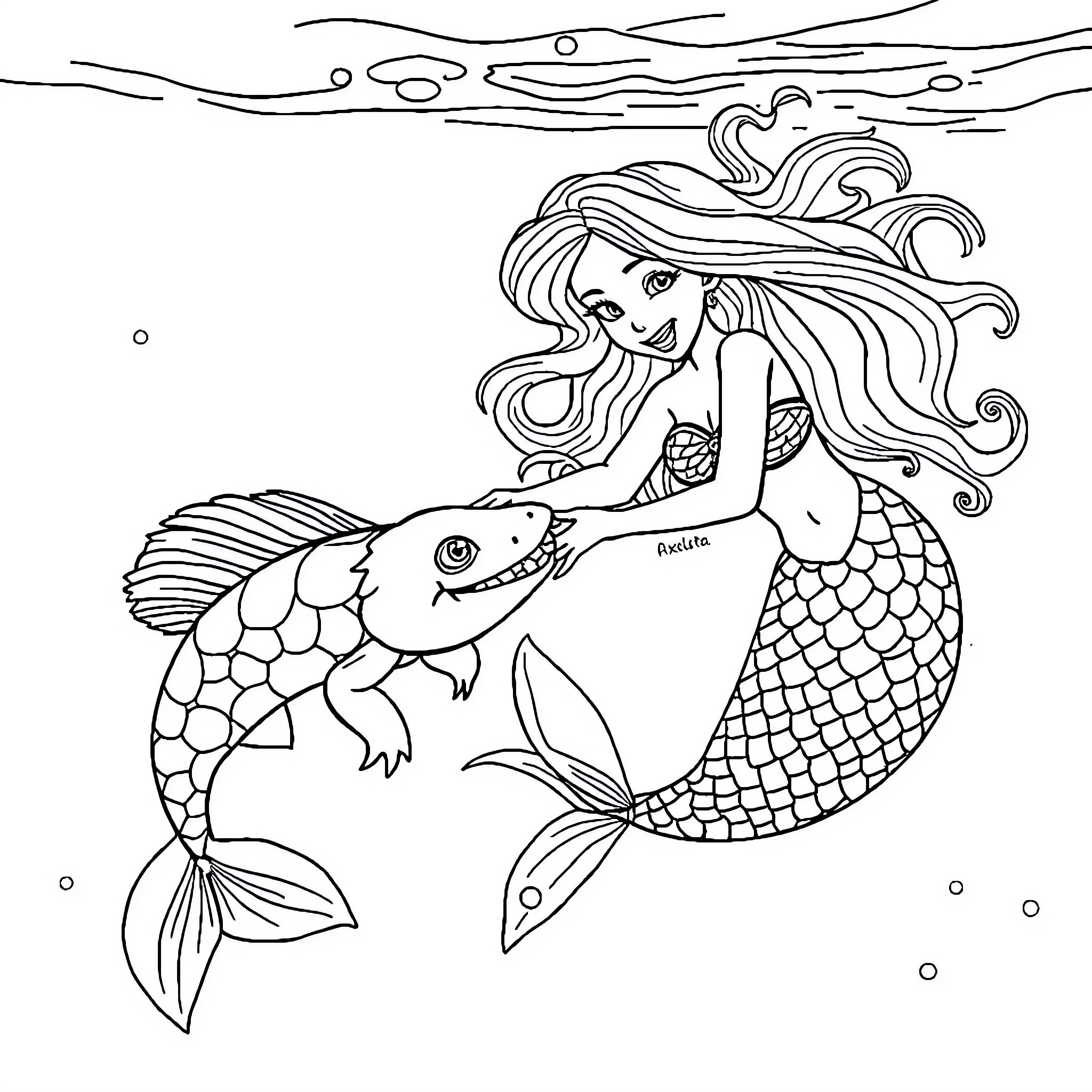 Mermaid swimming playfully with a fish Coloring Page (free black-and-white line drawing printable PDF for all, from beginners to advanced learners, including children, teens, adults, and seniors)