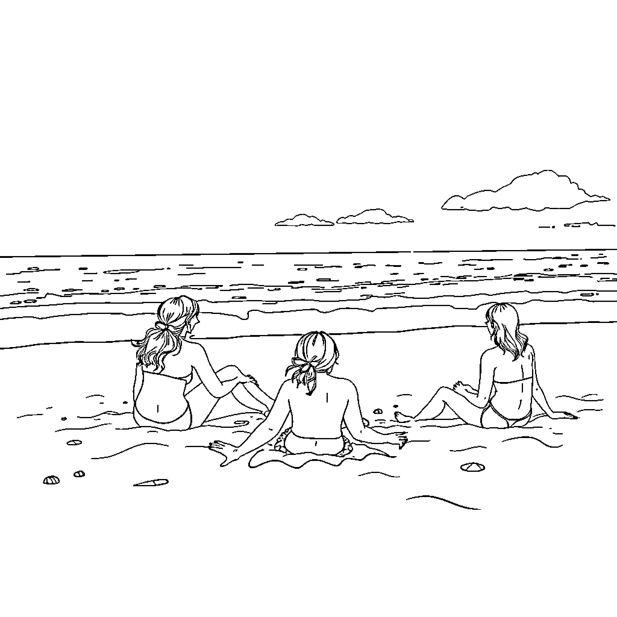 Women relaxing on the beach Coloring Page (free black-and-white line drawing printable PDF for all, from beginners to advanced learners, including children, teens, adults, and seniors)