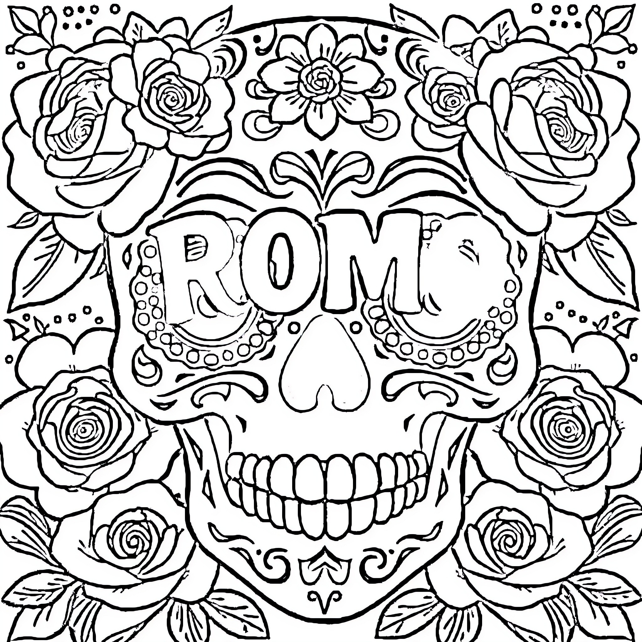 Sugar Skull with Floral Decoration and Lettering Coloring Page (free black-and-white line drawing printable PDF for all, from beginners to advanced learners, including children, teens, adults, and seniors)