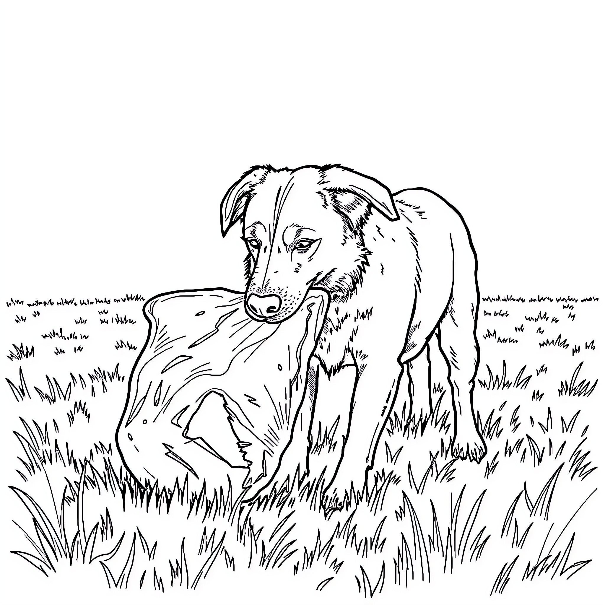 Dog exploring grassy field Coloring Page (free black-and-white line drawing printable PDF for all, from beginners to advanced learners, including children, teens, adults, and seniors)