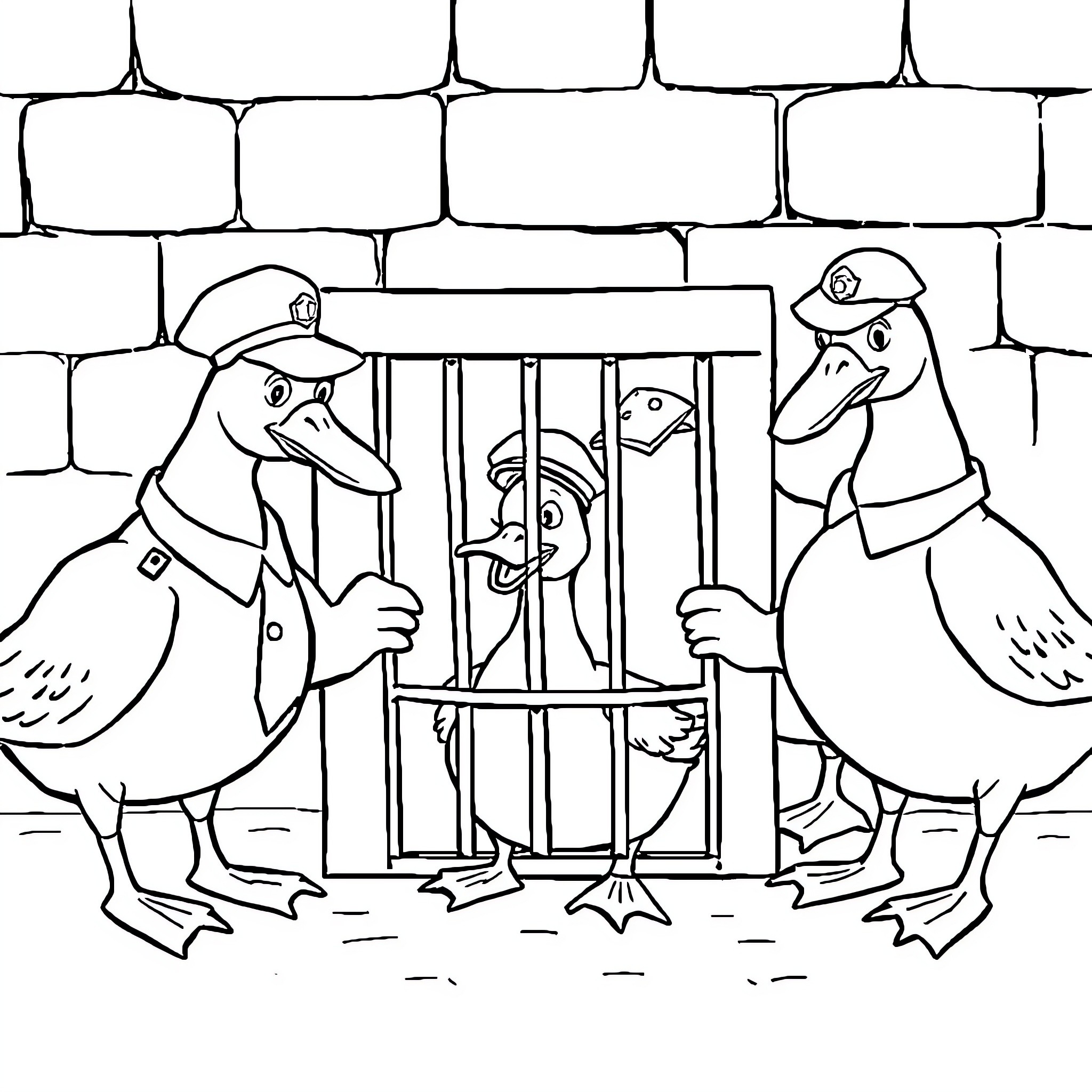 Goose officers arresting a criminal goose Coloring Page (free black-and-white line drawing printable PDF for all, from beginners to advanced learners, including children, teens, adults, and seniors)