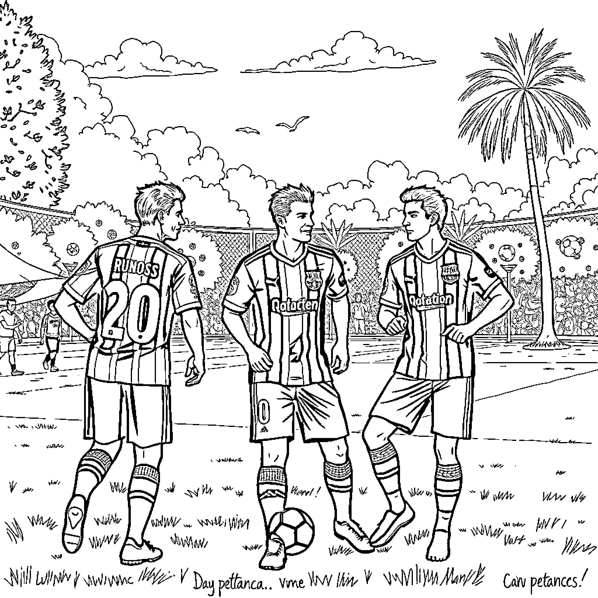 Futbol Club Barcelona players on the field Coloring Page (free black-and-white line drawing printable PDF for all, from beginners to advanced learners, including children, teens, adults, and seniors)