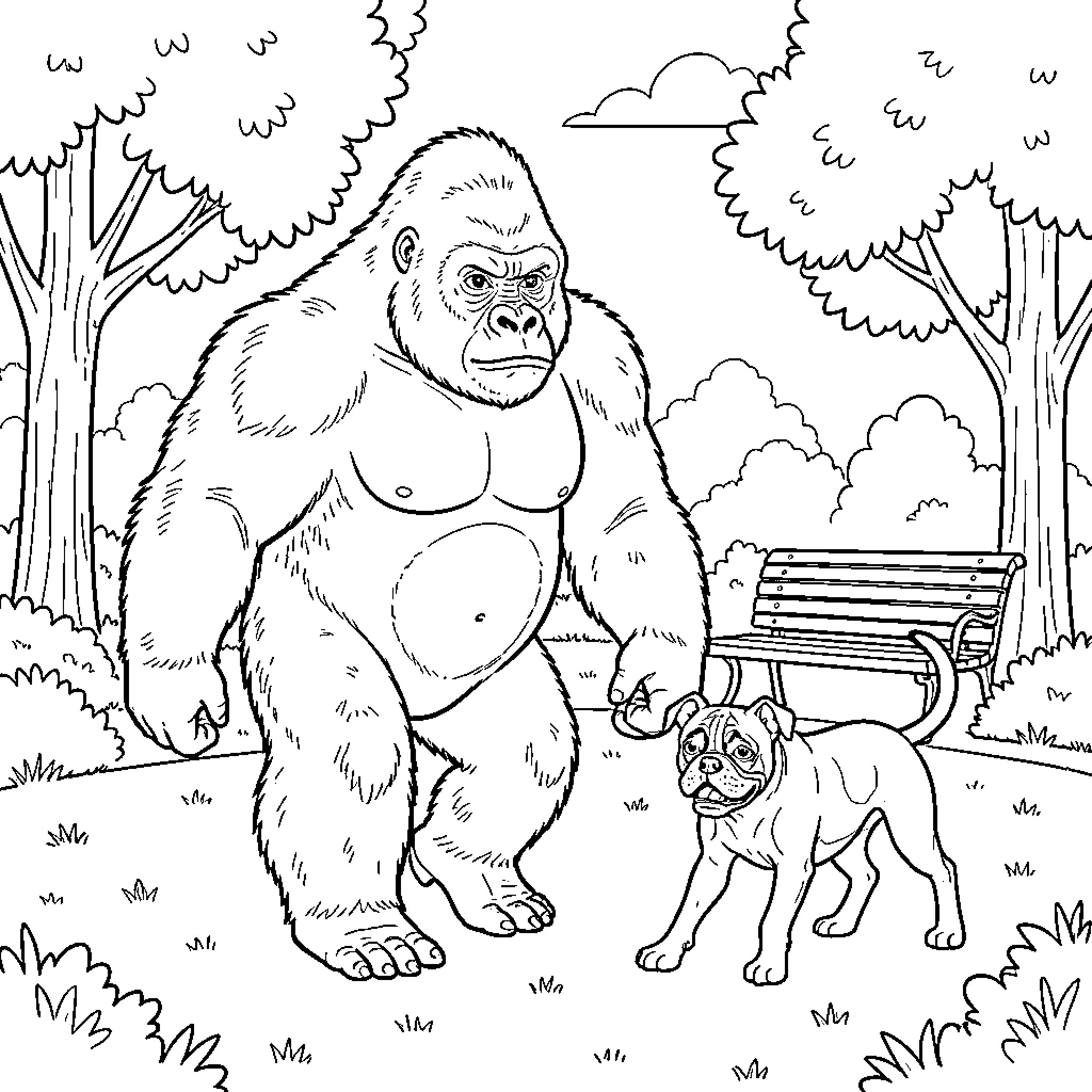 Gorilla walking calmly alongside a small dog Coloring Page (free black-and-white line drawing printable PDF for all, from beginners to advanced learners, including children, teens, adults, and seniors)