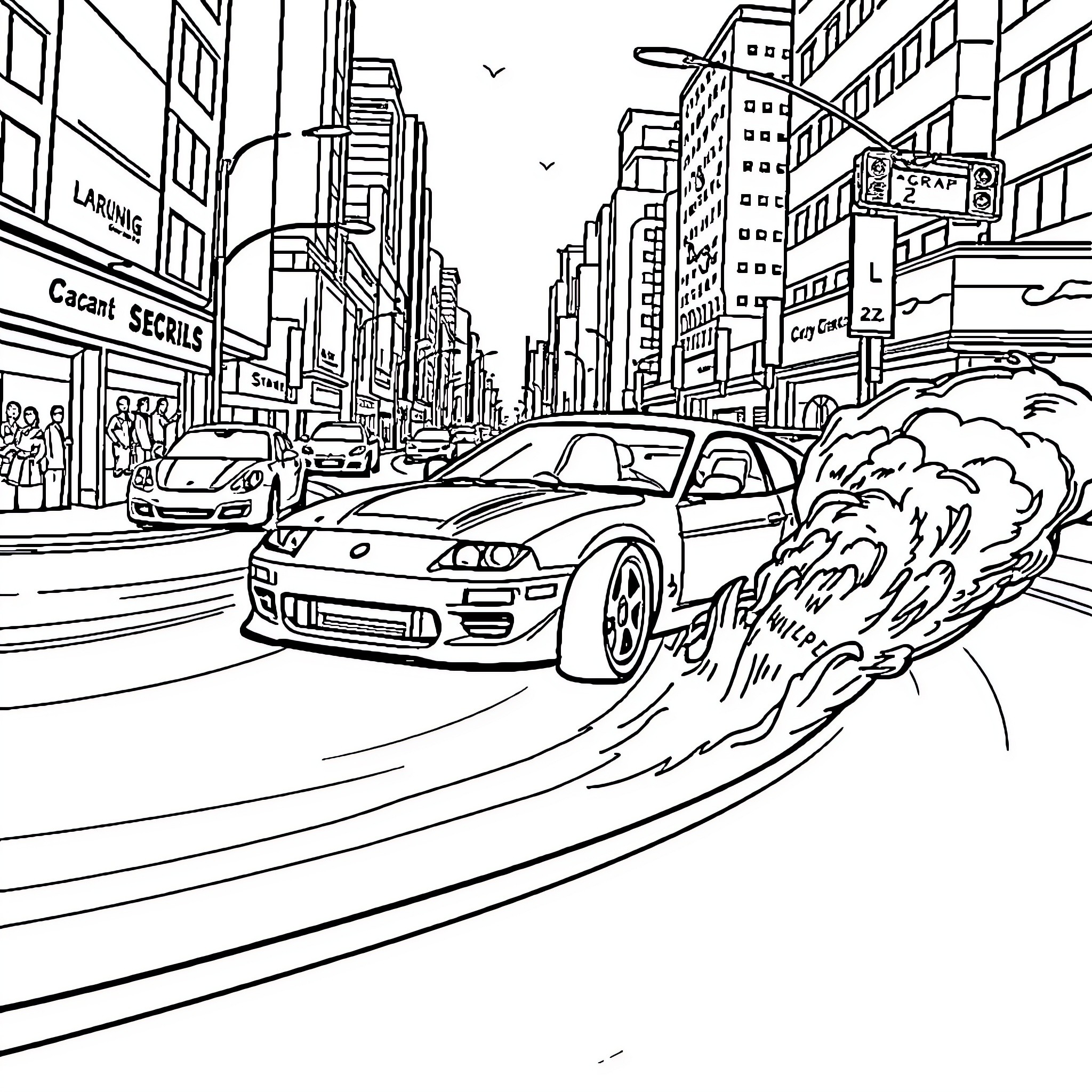 Car speeding through busy city street Coloring Page (free black-and-white line drawing printable PDF for all, from beginners to advanced learners, including children, teens, adults, and seniors)