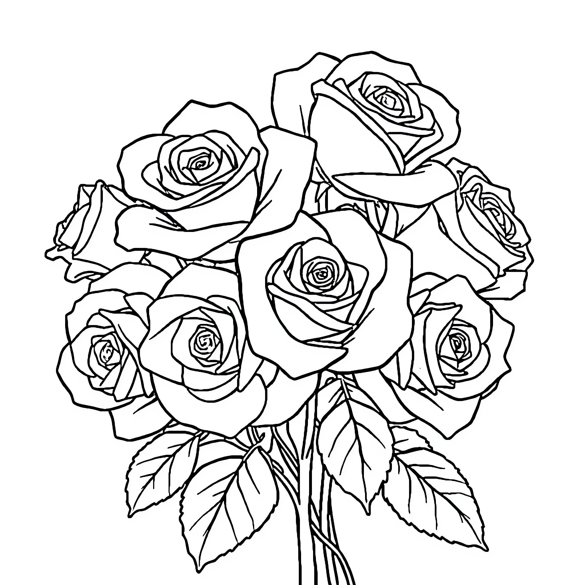 Rose Bouquet with Flowing Blossoms Coloring Page (free black-and-white line drawing printable PDF for all, from beginners to advanced learners, including children, teens, adults, and seniors)