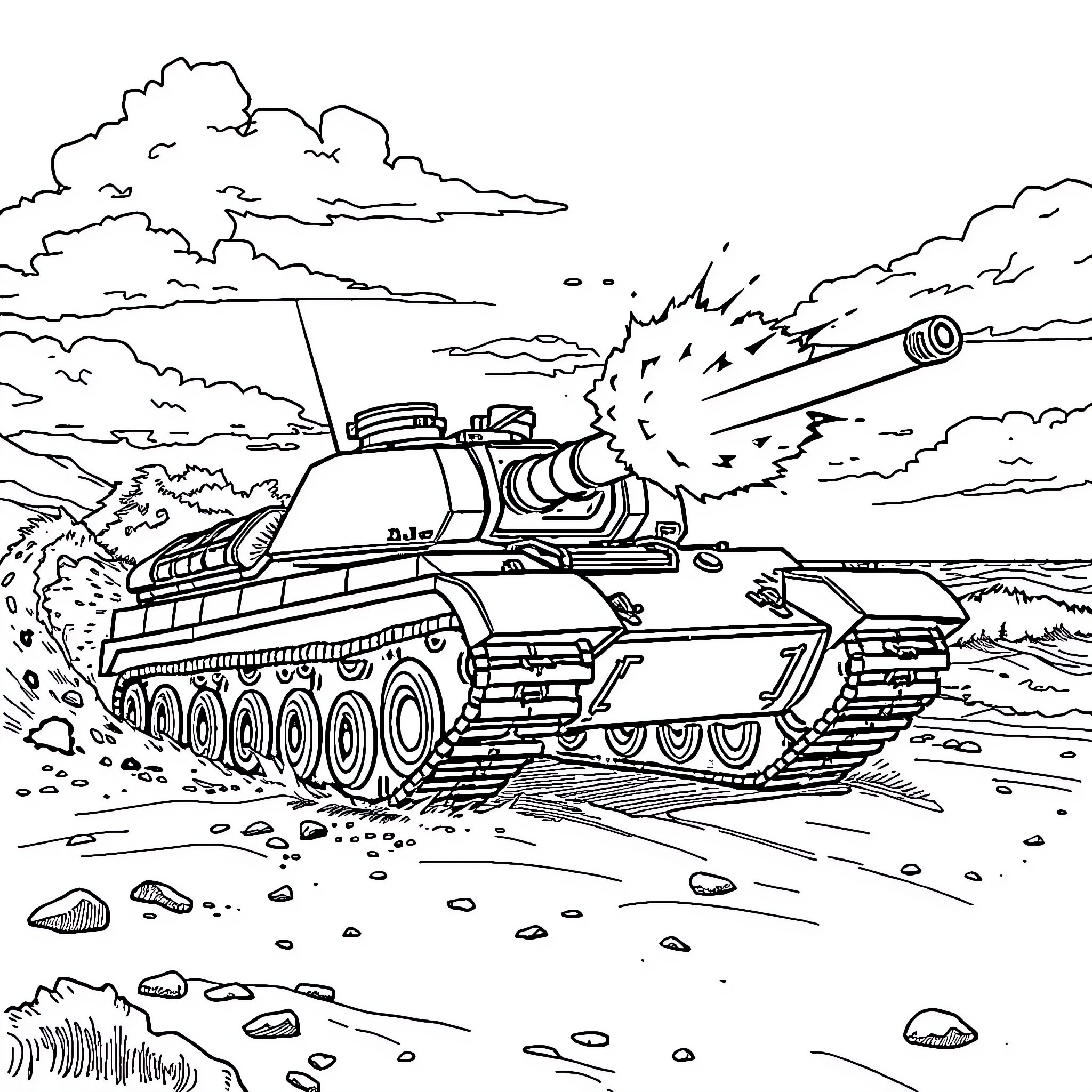 Tank firing amidst cloudy battlefield Coloring Page (free black-and-white line drawing printable PDF for all, from beginners to advanced learners, including children, teens, adults, and seniors)