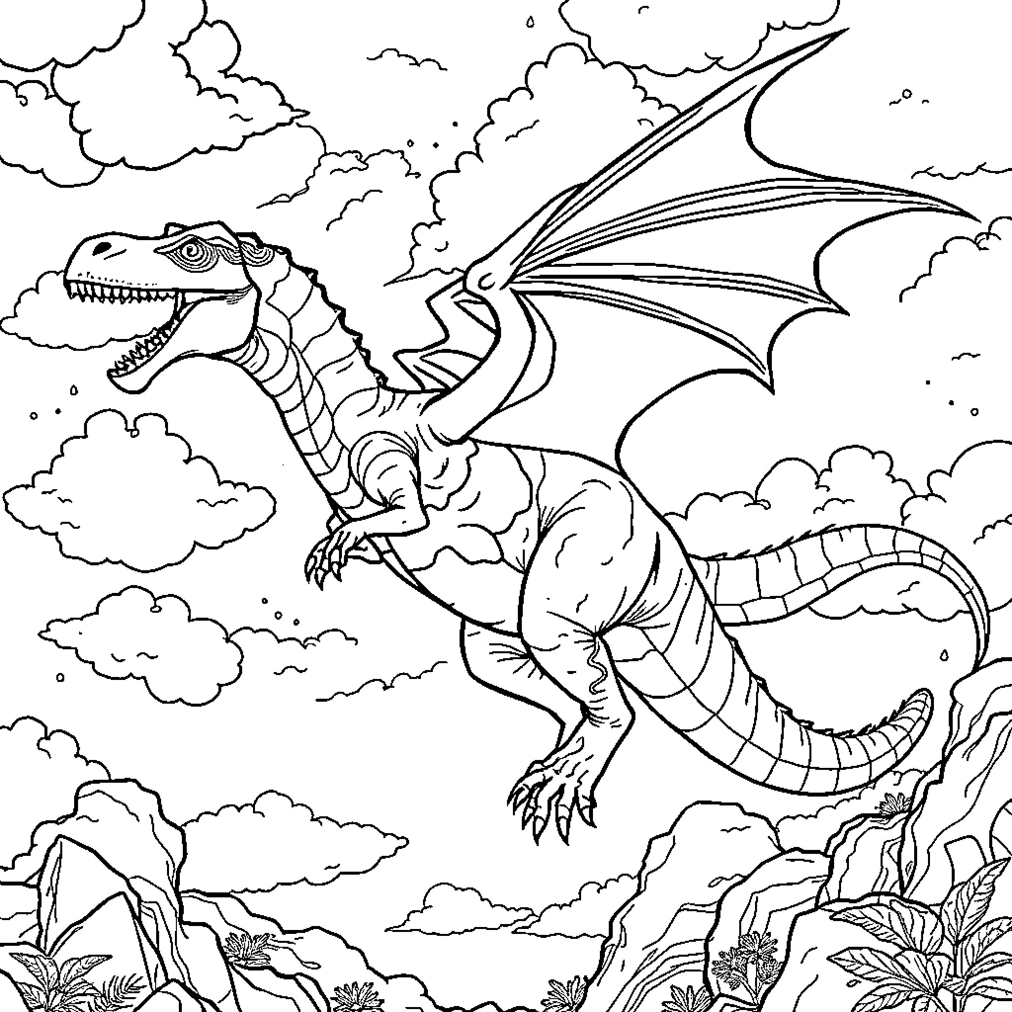 Dinosaur soaring through cloudy skies Coloring Page (free black-and-white line drawing printable PDF for all, from beginners to advanced learners, including children, teens, adults, and seniors)