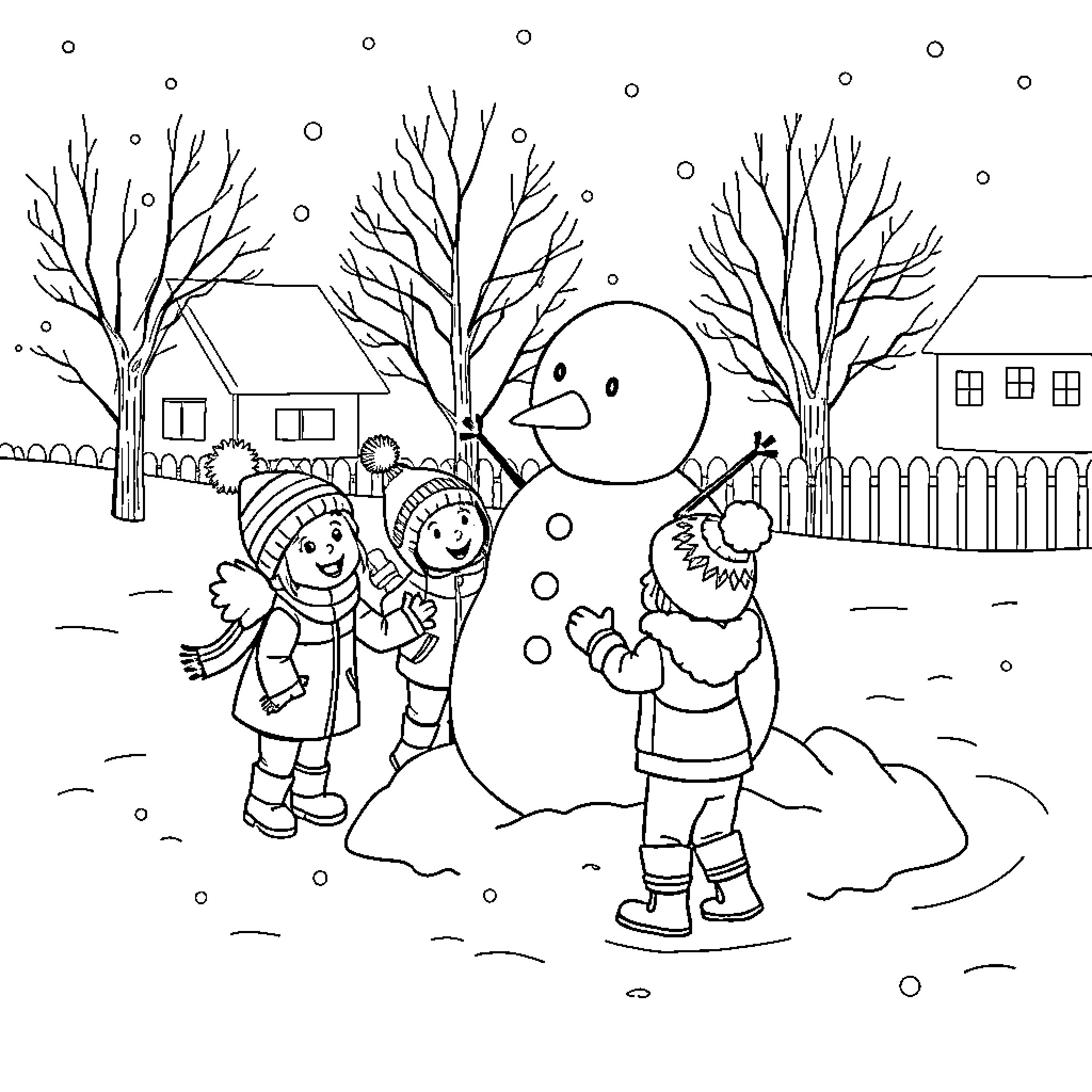 Child playing in the winter wonderland Coloring Page (free black-and-white line drawing printable PDF for all, from beginners to advanced learners, including children, teens, adults, and seniors)