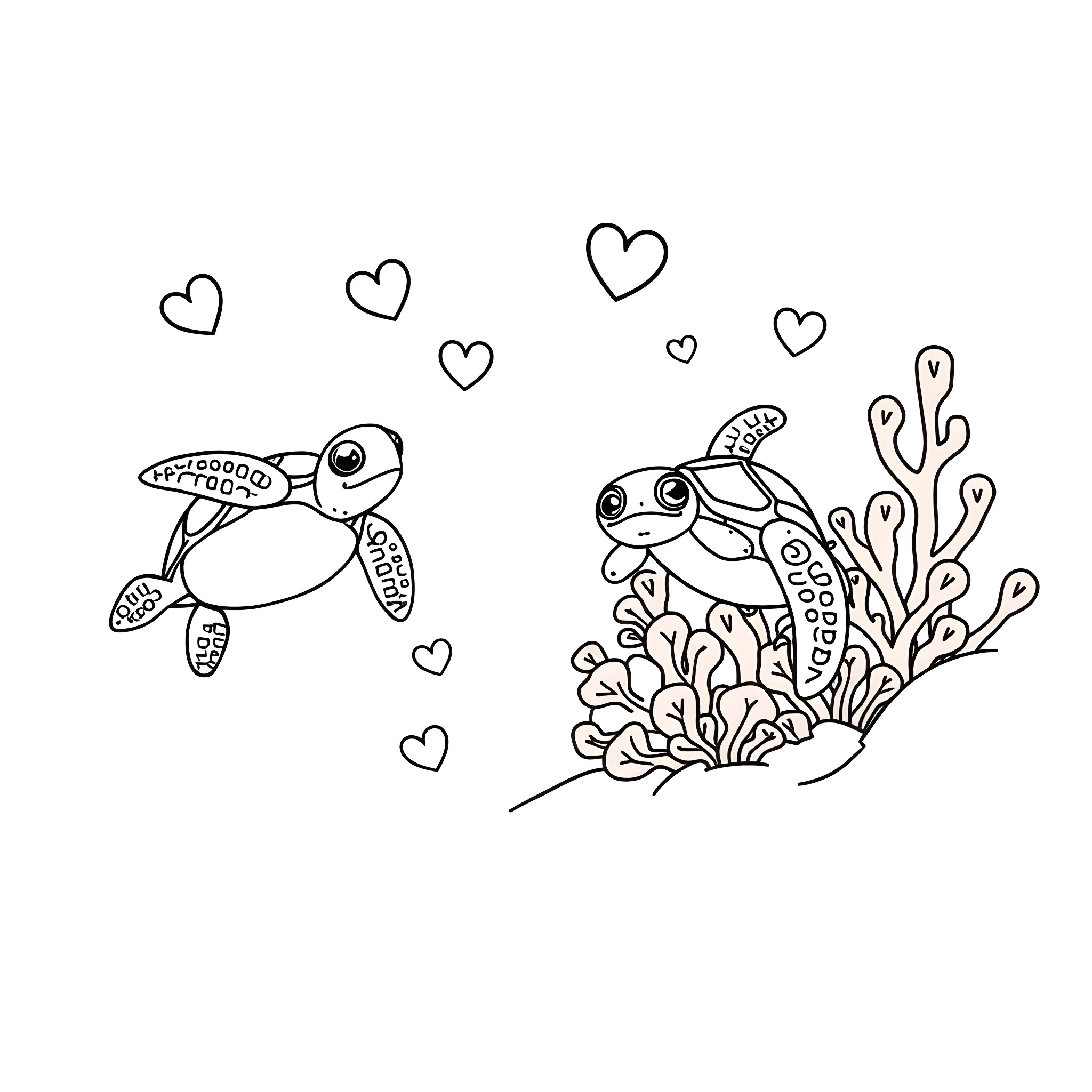 Sea Turtles swimming amidst coral reef and hearts Coloring Page (free black-and-white line drawing printable PDF for all, from beginners to advanced learners, including children, teens, adults, and seniors)