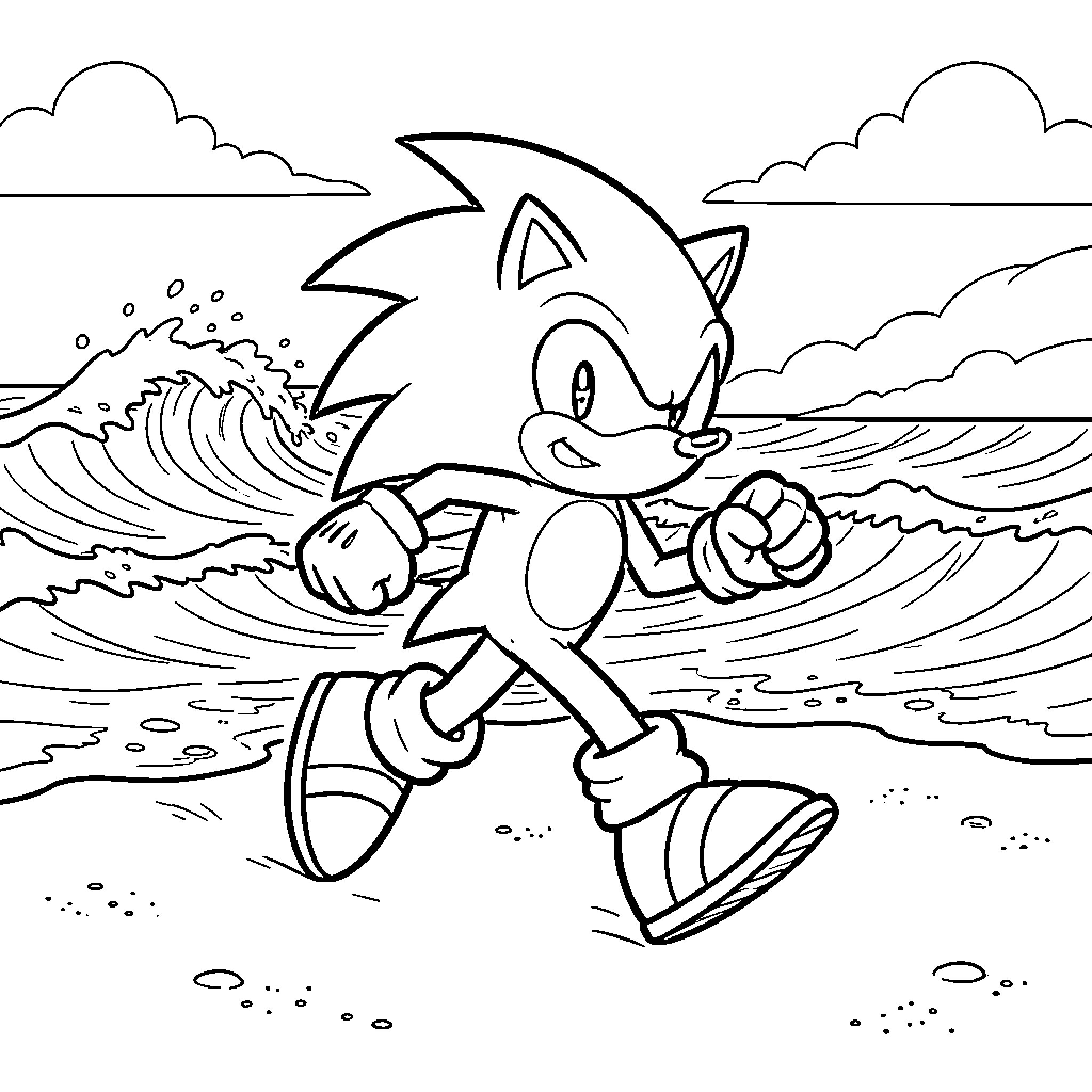 Sonic running energetically along a sunny beach Coloring Page (free black-and-white line drawing printable PDF for all, from beginners to advanced learners, including children, teens, adults, and seniors)