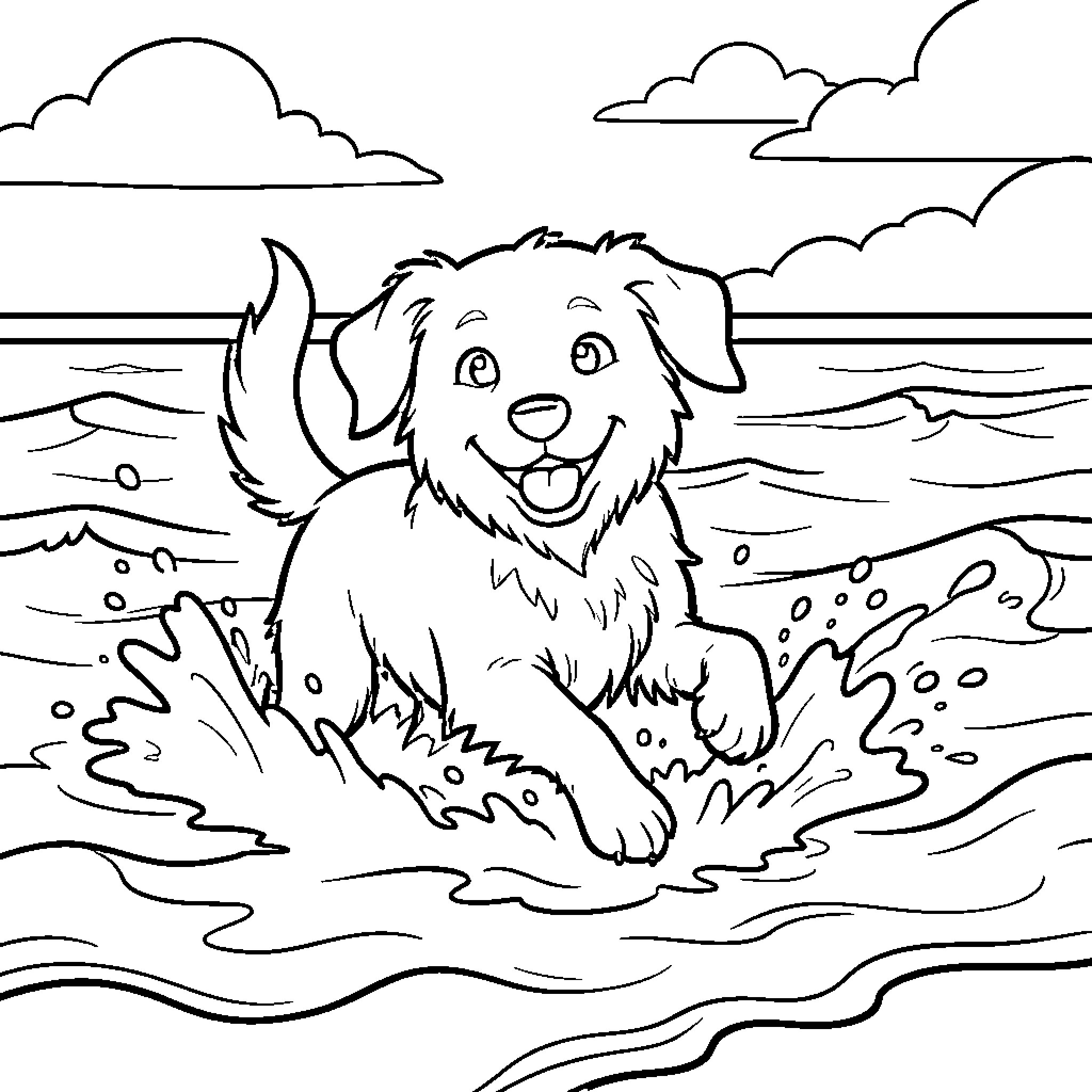 Dog splashing joyfully in the ocean waves Coloring Page (free black-and-white line drawing printable PDF for all, from beginners to advanced learners, including children, teens, adults, and seniors)