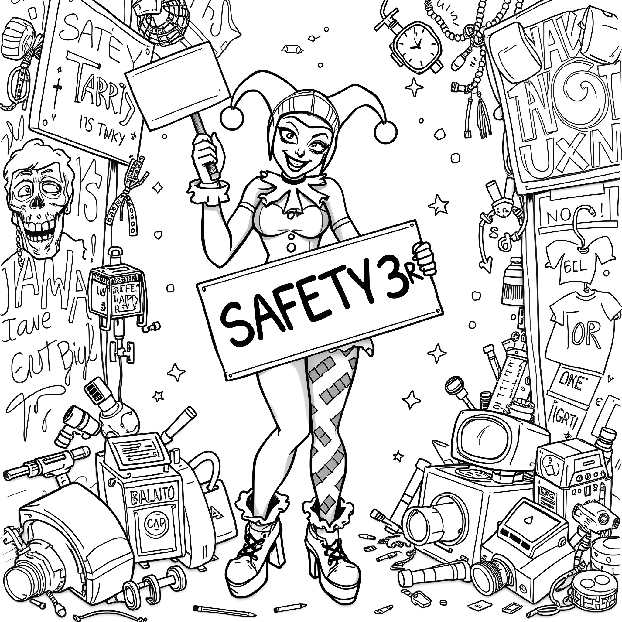 Harley Quinn's Wacky Safety Adventure Coloring Page (free black-and-white line drawing printable PDF for all, from beginners to advanced learners, including children, teens, adults, and seniors)