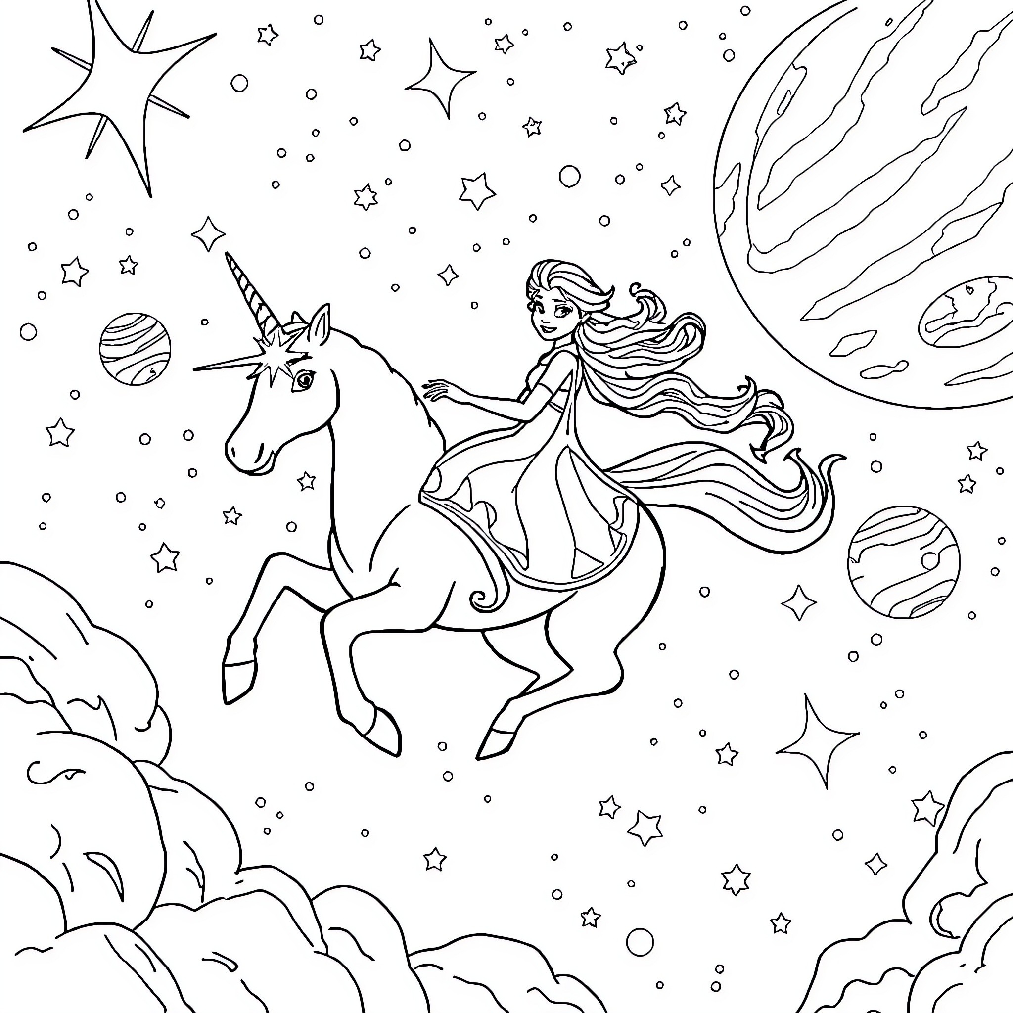 Elsa's Cosmic Unicorn Adventure Coloring Page (free black-and-white line drawing printable PDF for all, from beginners to advanced learners, including children, teens, adults, and seniors)