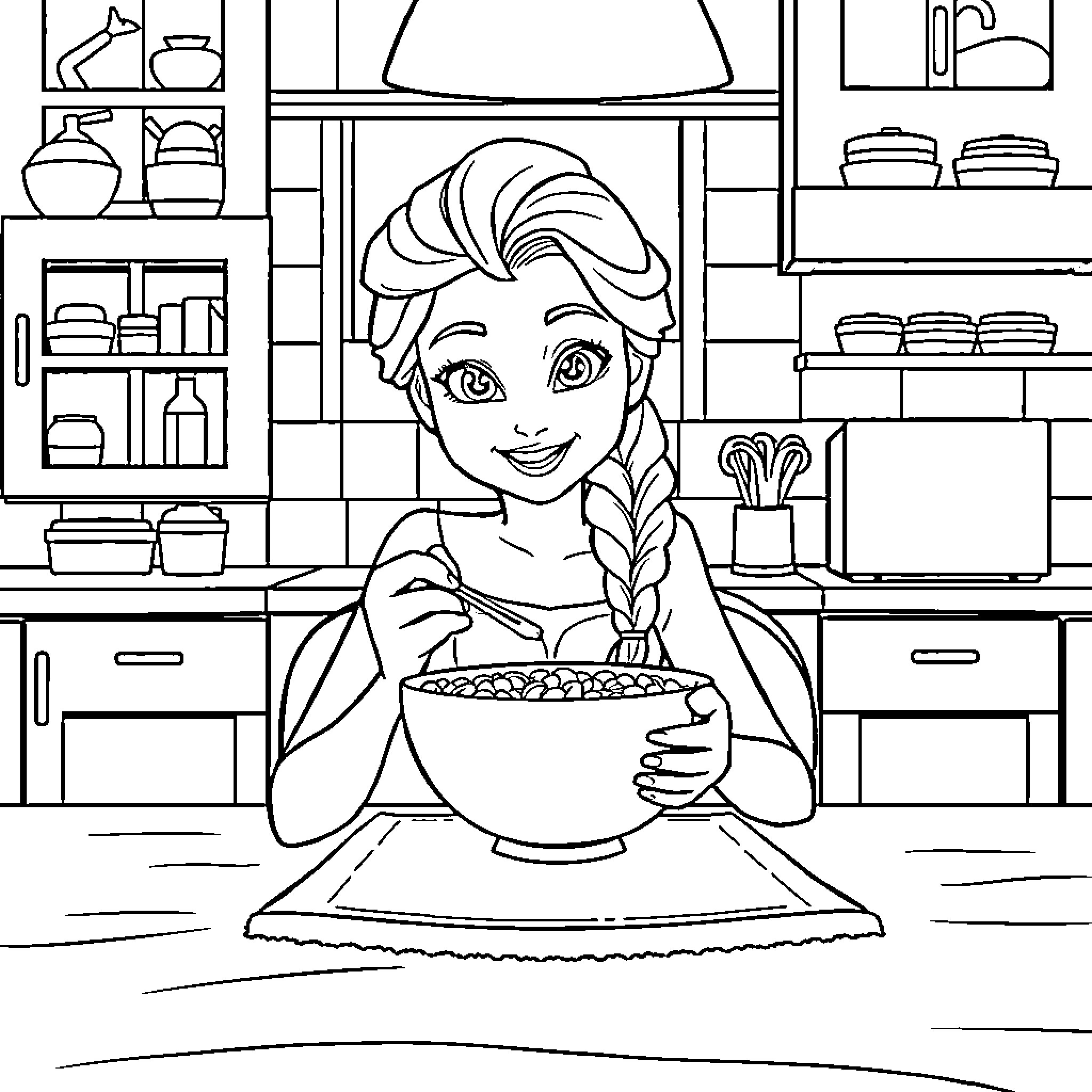 Elsa Cooking a Delicious Meal in the Kitchen Coloring Page (free black-and-white line drawing printable PDF for all, from beginners to advanced learners, including children, teens, adults, and seniors)
