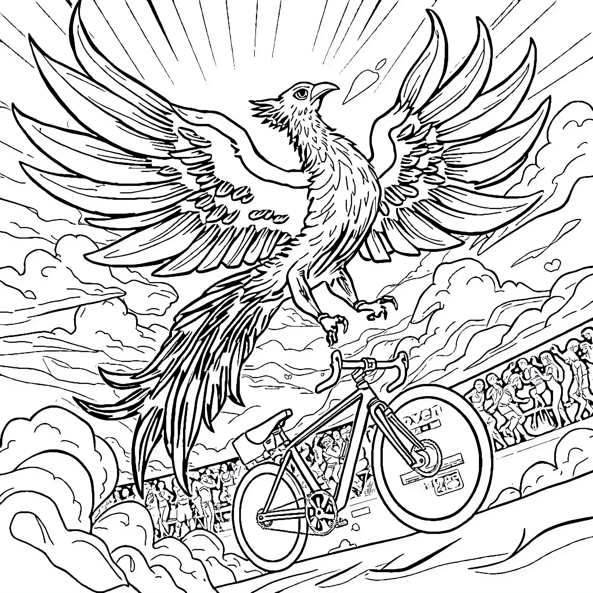 Phoenix rising with bicycle in the sky Coloring Page (free black-and-white line drawing printable PDF for all, from beginners to advanced learners, including children, teens, adults, and seniors)