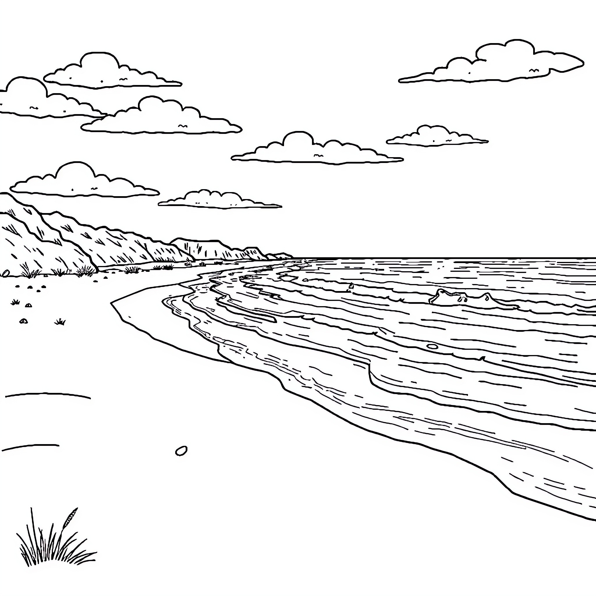 Beach landscape with scenic coastline and clouds Coloring Page (free black-and-white line drawing printable PDF for all, from beginners to advanced learners, including children, teens, adults, and seniors)