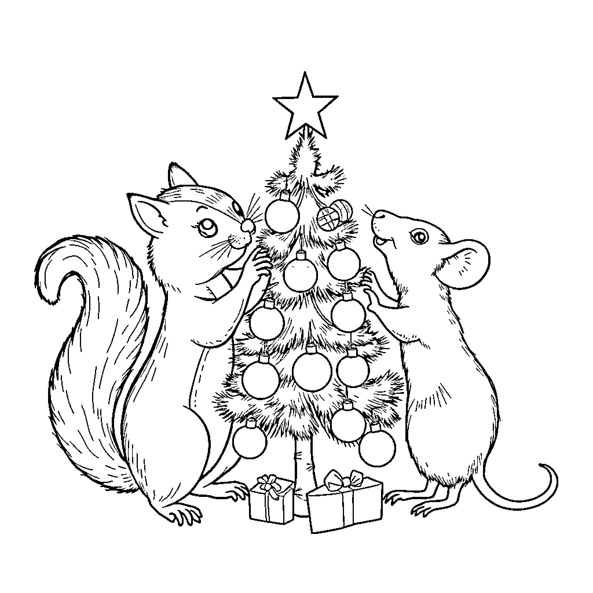 Squirrels decorating a festive tree Coloring Page (free black-and-white line drawing printable PDF for all, from beginners to advanced learners, including children, teens, adults, and seniors)