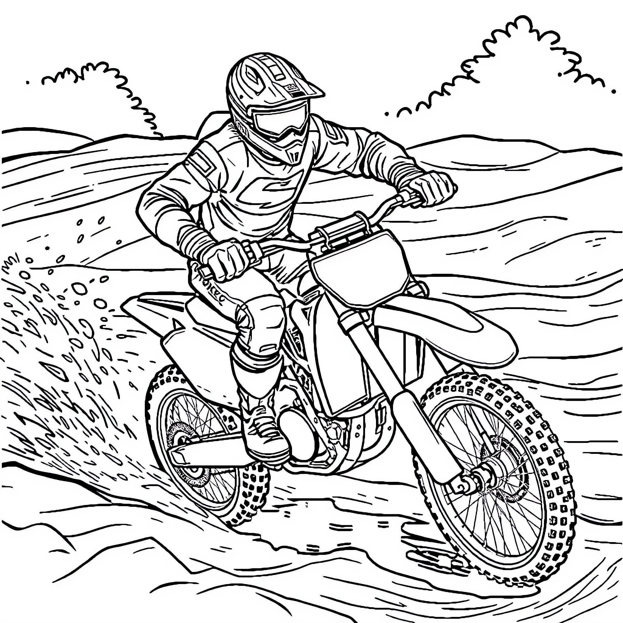 Motocross Racer Navigating Rugged Terrain Coloring Page (free black-and-white line drawing printable PDF for all, from beginners to advanced learners, including children, teens, adults, and seniors)