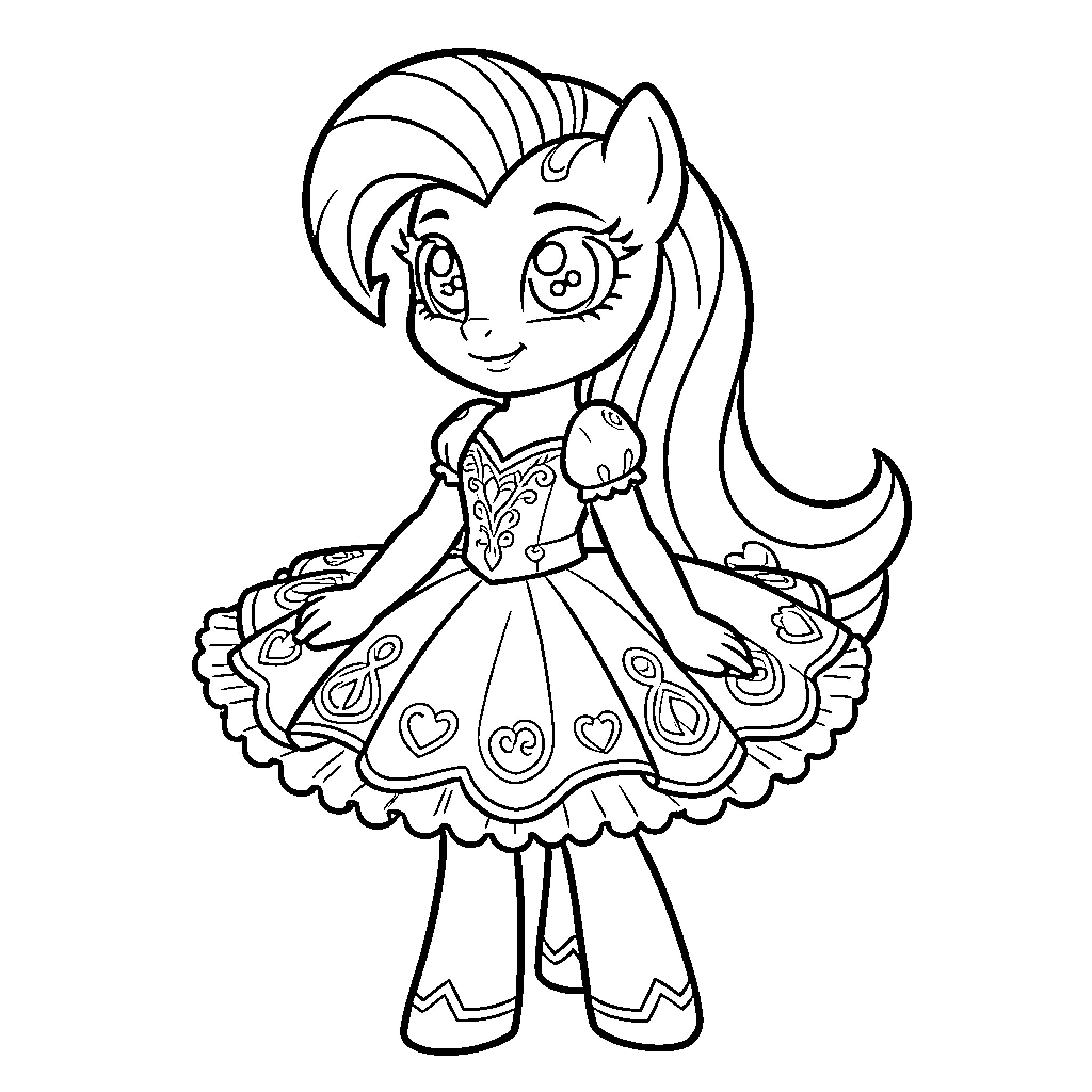 Rarity's Enchanting Attire Coloring Page (free black-and-white line drawing printable PDF for all, from beginners to advanced learners, including children, teens, adults, and seniors)