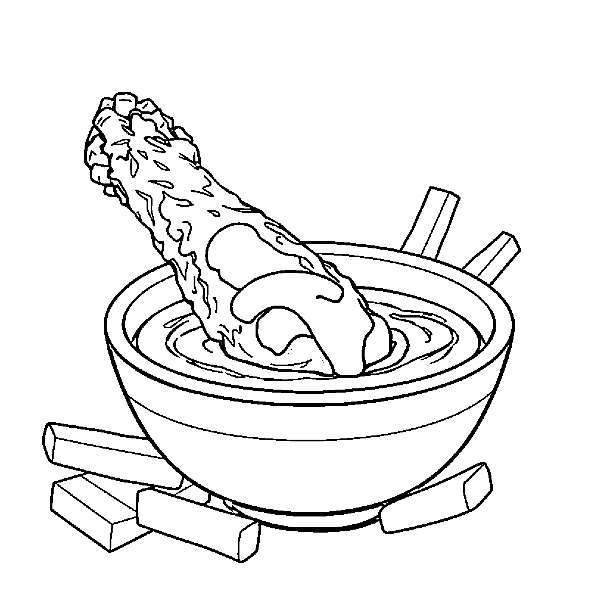 Chicken Wing Soup with Utensils Coloring Page (free black-and-white line drawing printable PDF for all, from beginners to advanced learners, including children, teens, adults, and seniors)