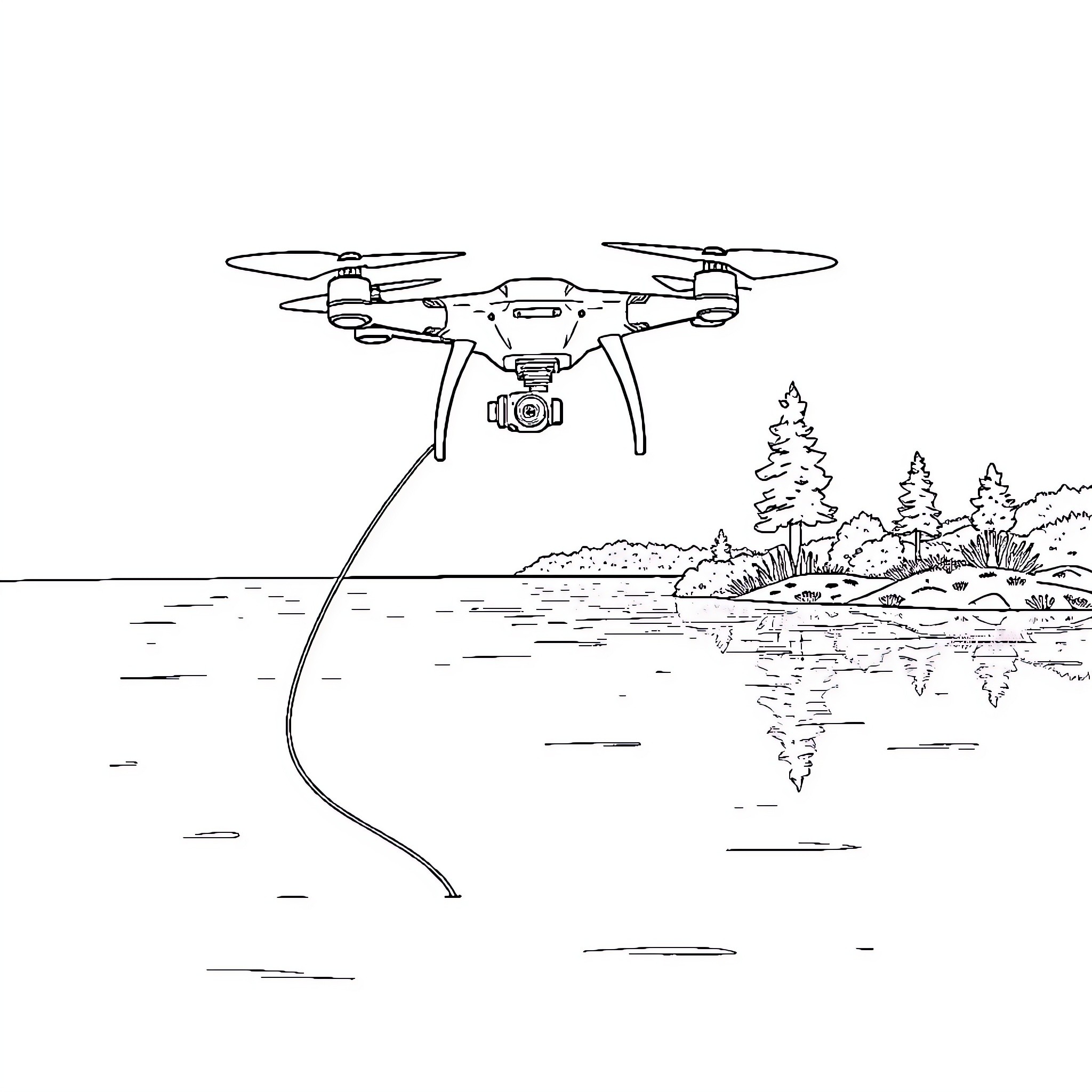 Drone hovering over scenic landscape Coloring Page (free black-and-white line drawing printable PDF for all, from beginners to advanced learners, including children, teens, adults, and seniors)