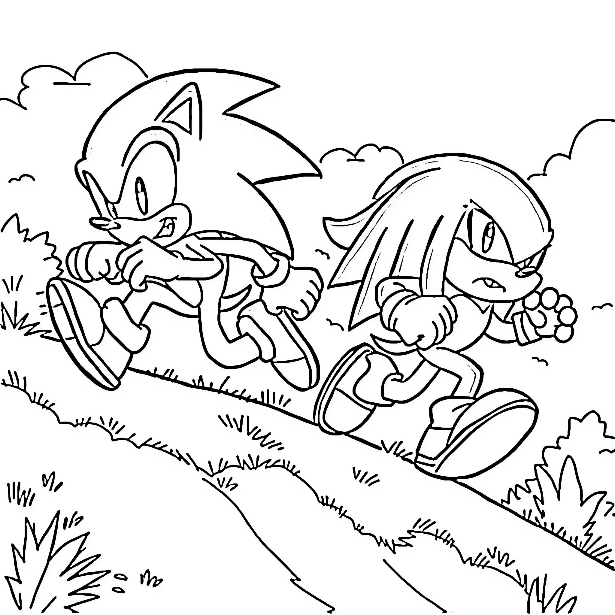 Sonic characters racing through scenic outdoors Coloring Page (free black-and-white line drawing printable PDF for all, from beginners to advanced learners, including children, teens, adults, and seniors)